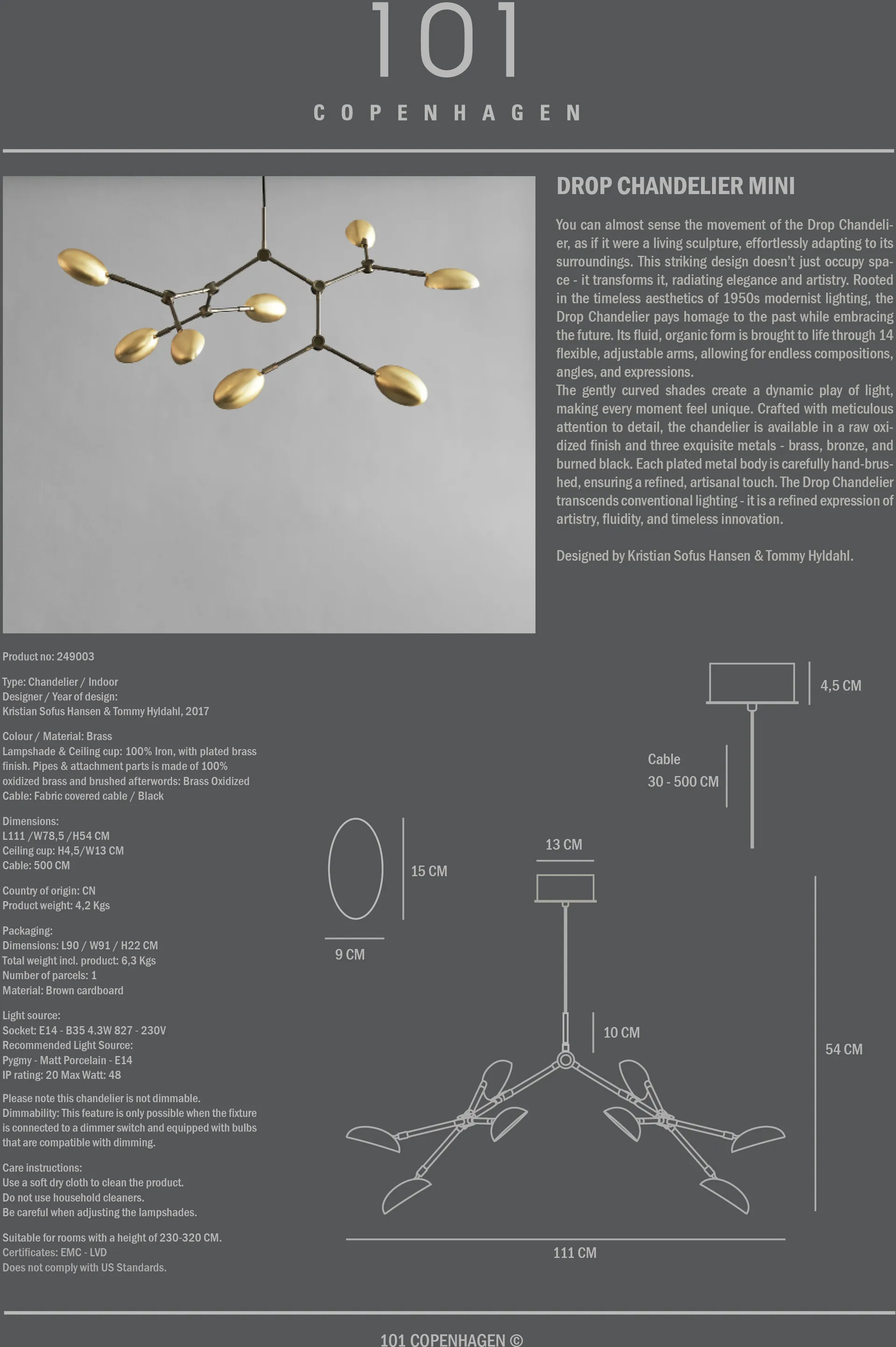 Drop Chandelier chandelier mini, Brass 101 Copenhagen