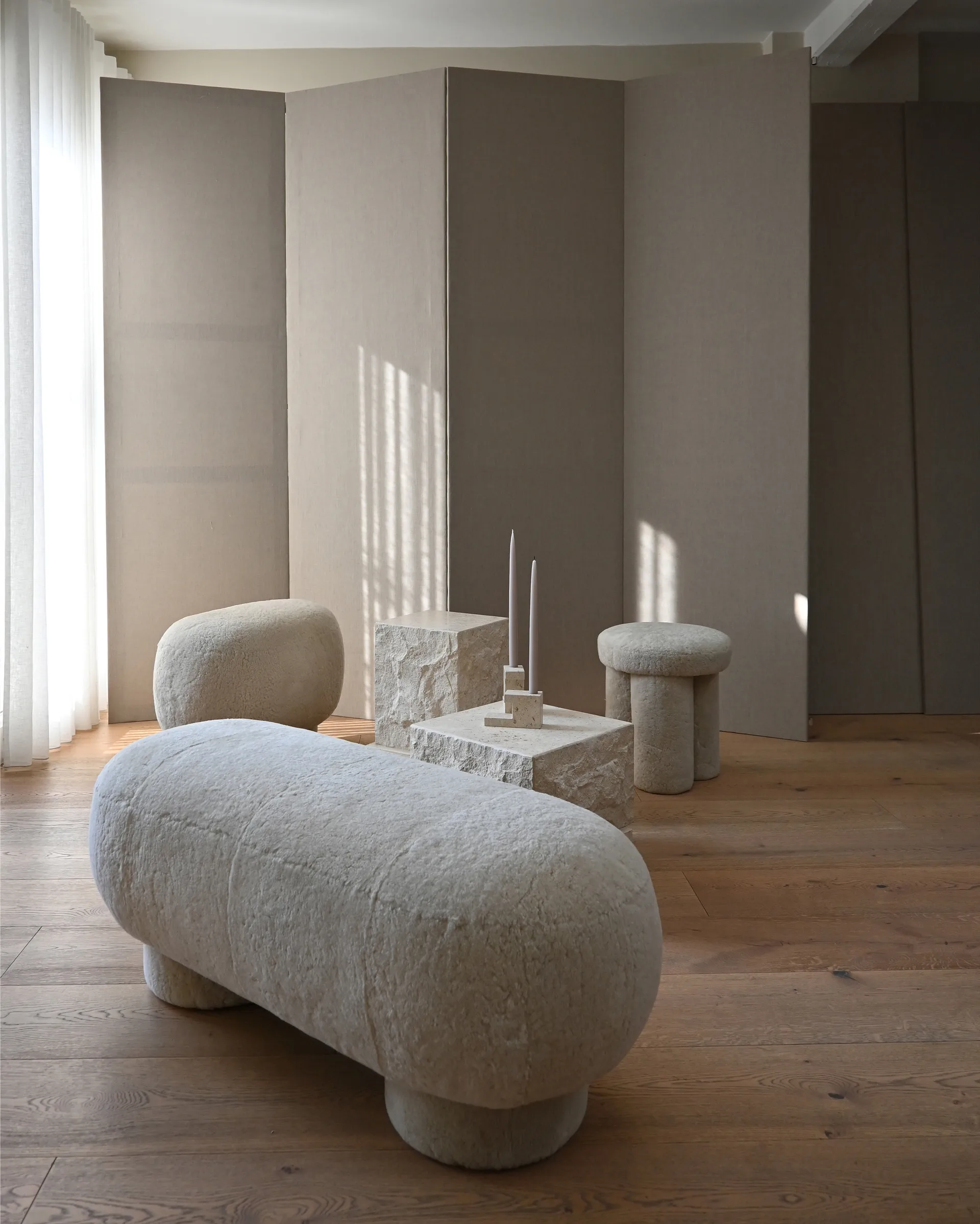 Temple side table low 42x40 cm, Chrome-limestone 101 Copenhagen