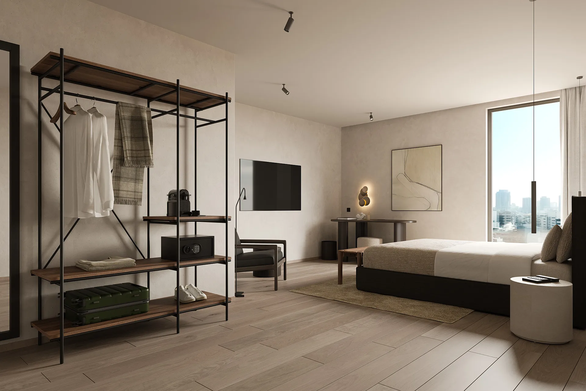 A modern bedroom featuring an Ethnicraft open wardrobe with black metal frame and wood shelves, a dark bed, and a round white side table.