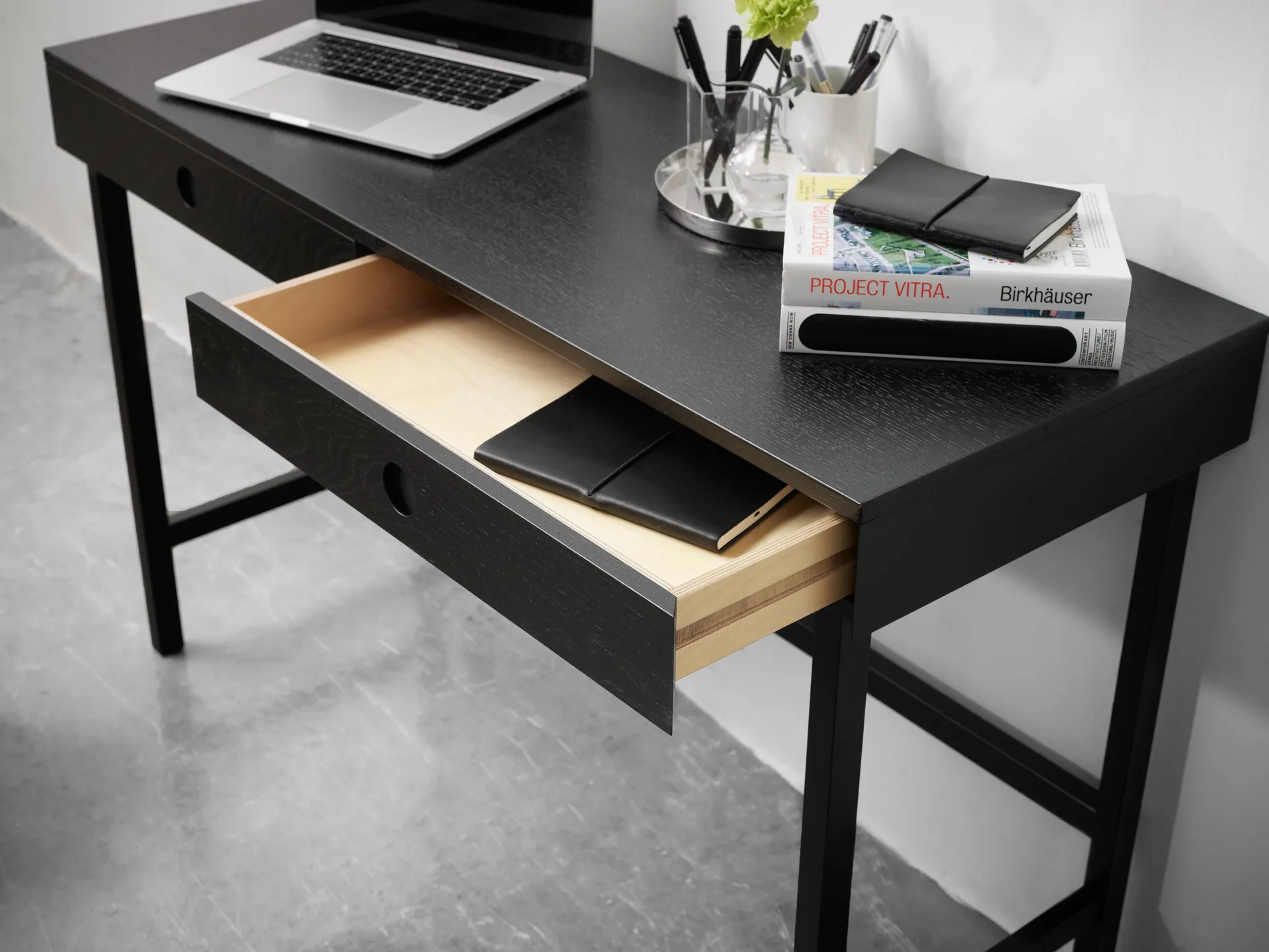 Mind desk, Black-stained oak, 118x74x44 cm A2