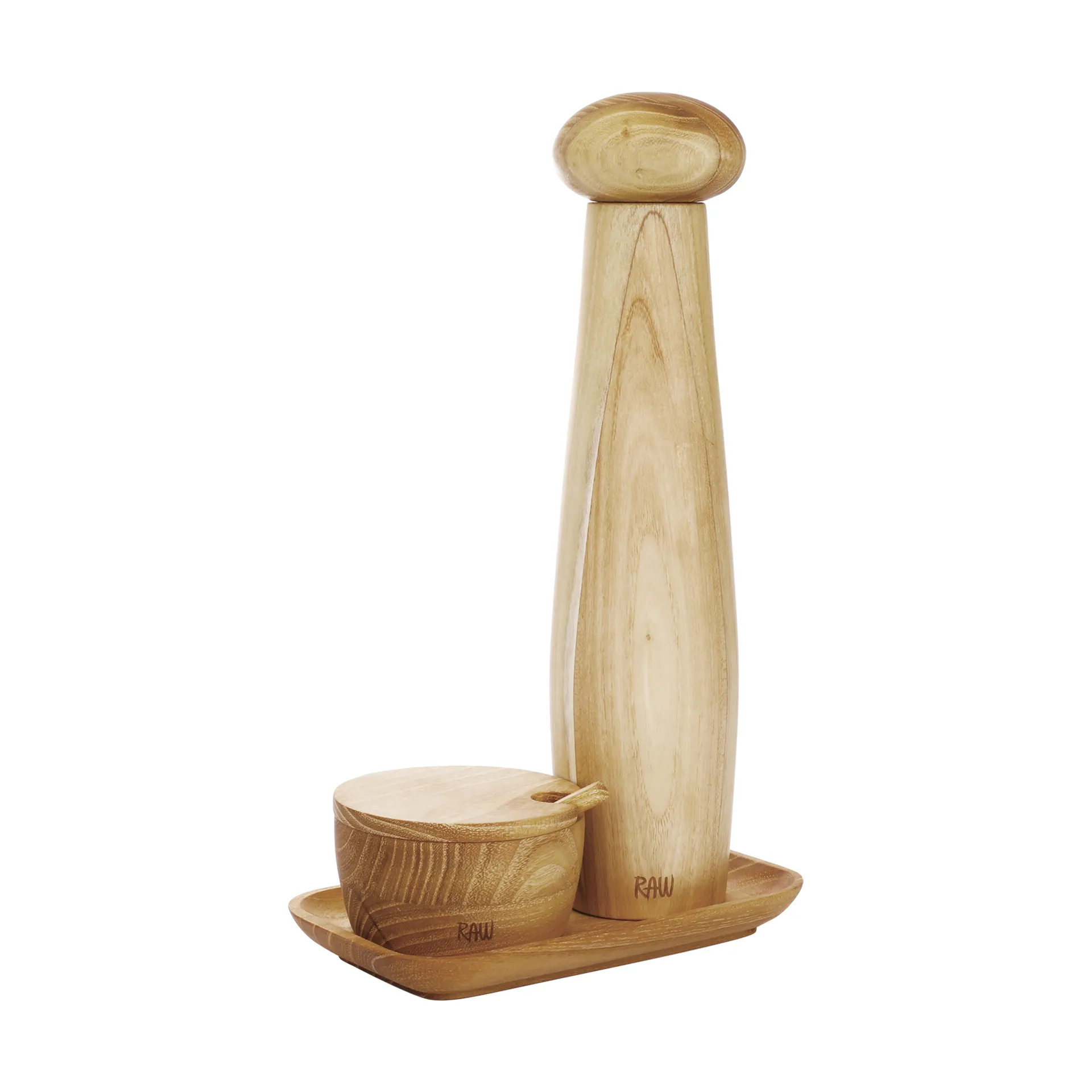 Raw ceramic pepper mill salt bowl & tray 3 pieces, Teak Aida