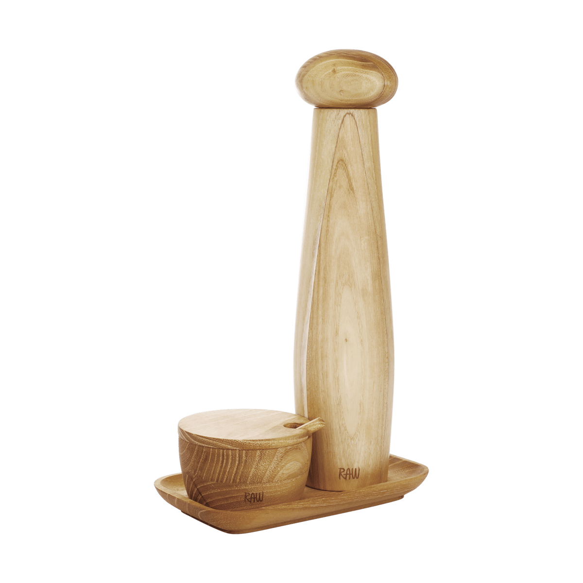 Aida Raw ceramic pepper mill salt bowl & tray 3 pieces Teak