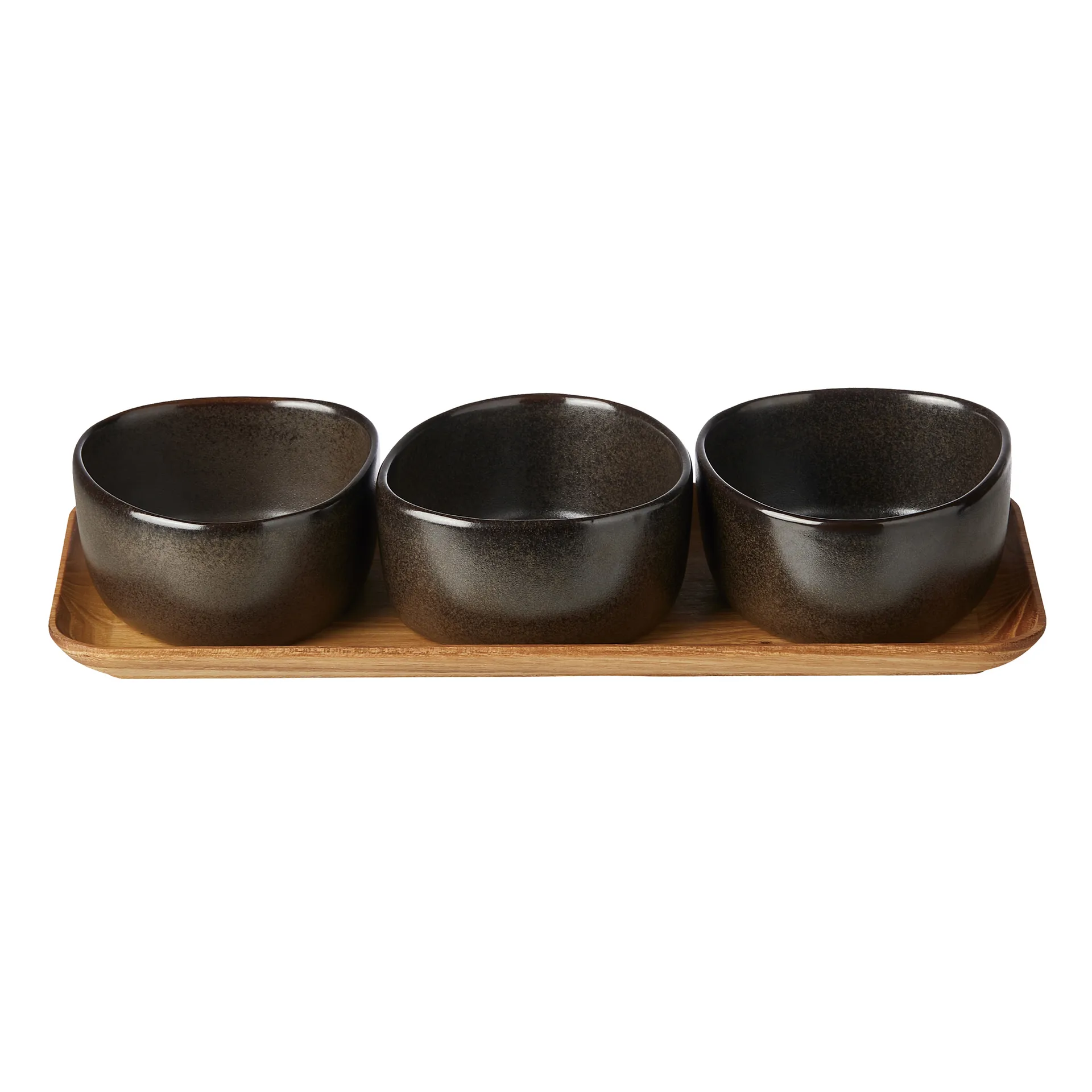 Raw Organic bowl set with wooden tray, Metallic Brown Aida