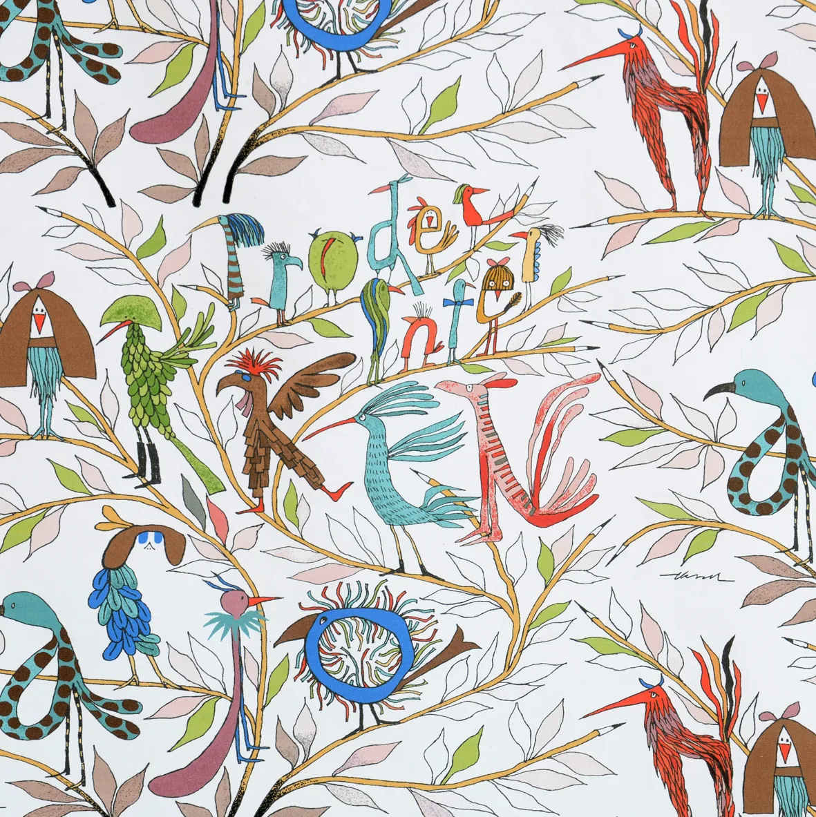 Almedahls Fåglarna berättar fabric multi | Scandinavian Design | Fabric by the metre | Blue