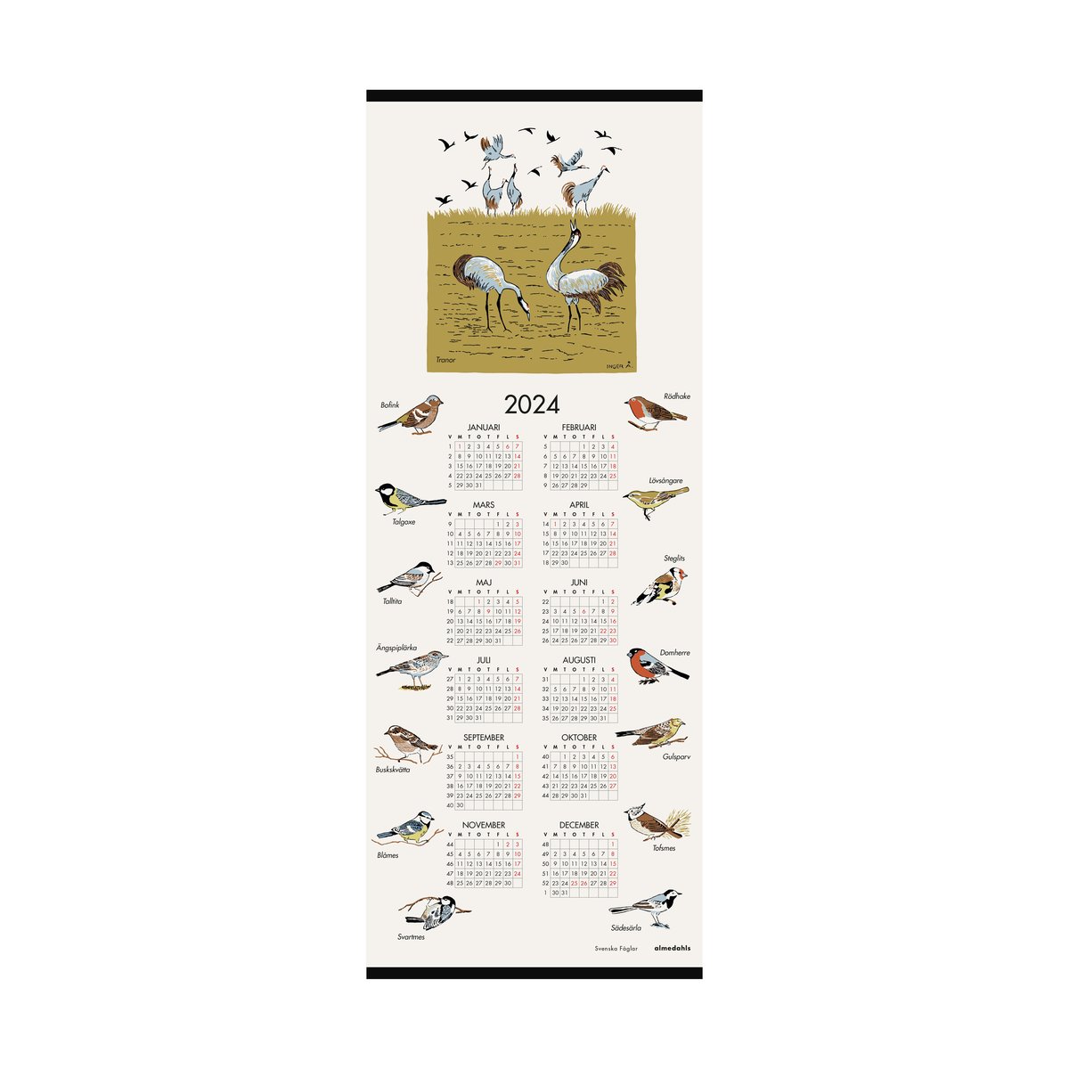 Almedahls Swedish bird calender 2024 35x90 cm | Scandinavian Design | Calendars & notebooks | Multi