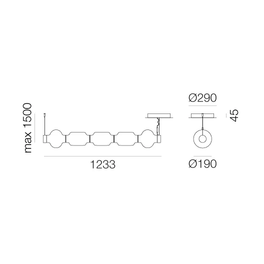 Alambicco horizontal pendant, app-controlled, 5 glass domes Artemide