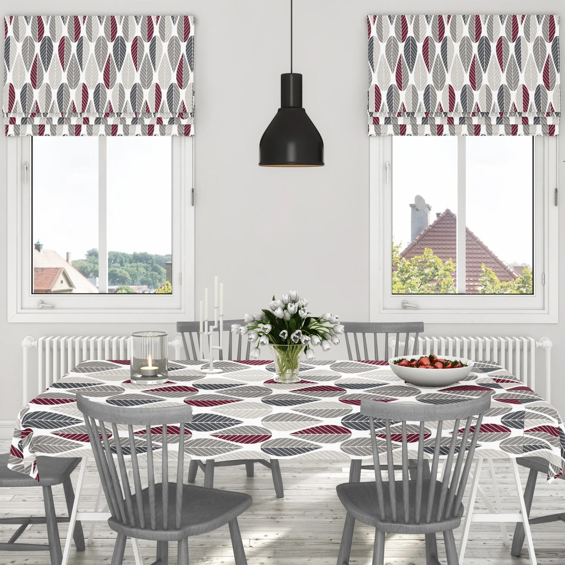 Blader oilcloth, grey-red Arvidssons Textil