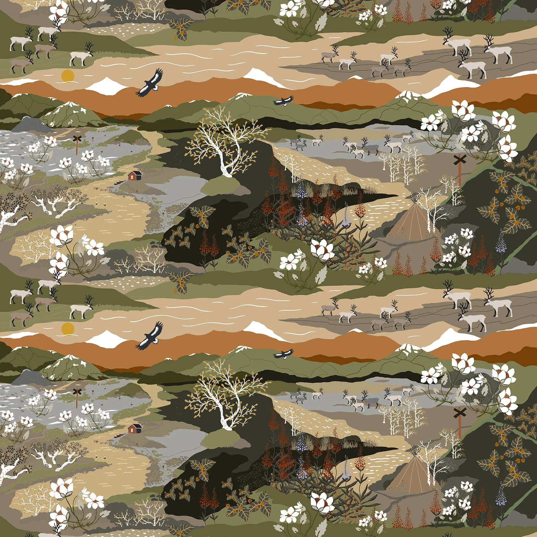 Fjällvandring fabric, green-rust Arvidssons Textil