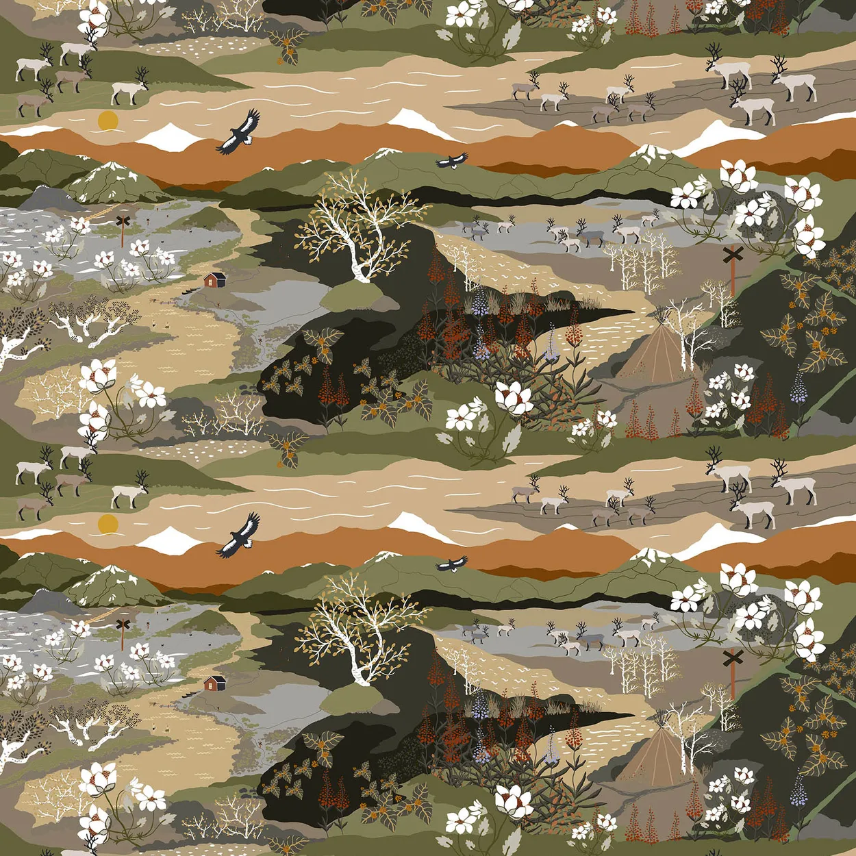 Arvidssons Textil Fjällvandring fabric green-rust | Scandinavian Design | Fabric by the metre | Multi