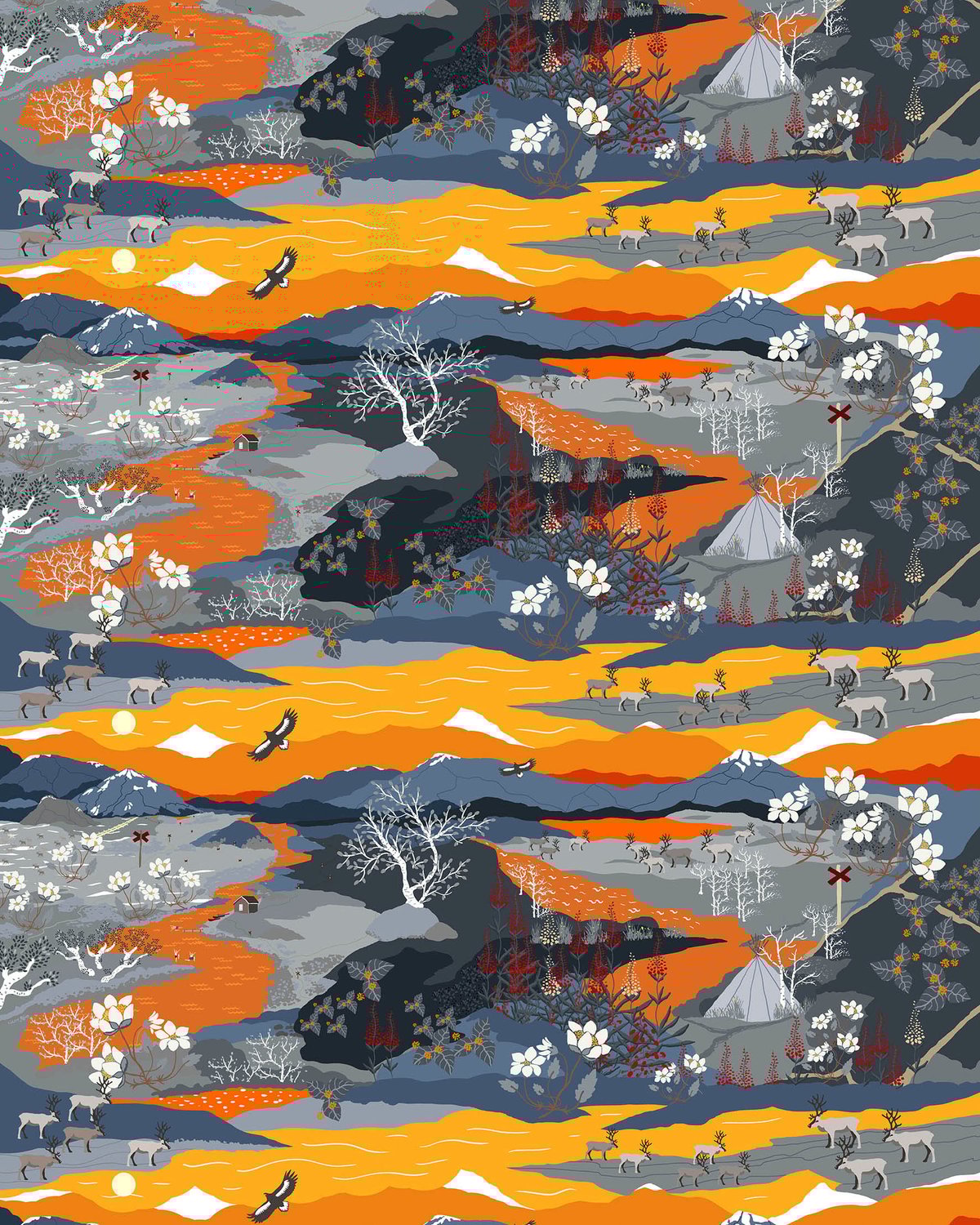 Arvidssons Textil Fjällvandring fabric Orange | Scandinavian Design | Fabric by the metre | Grey