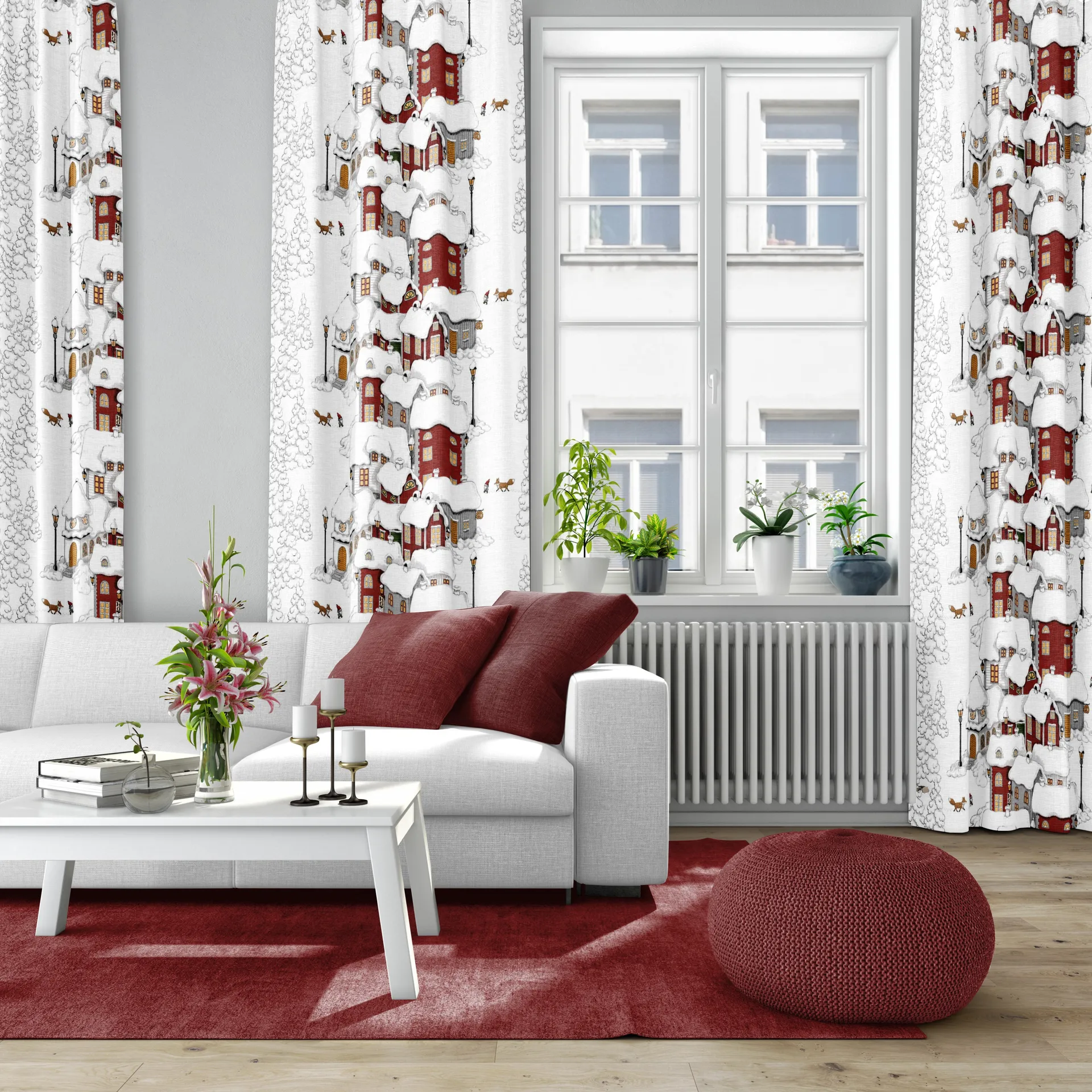 Mikkel fabric, Off white-grey-red Arvidssons Textil