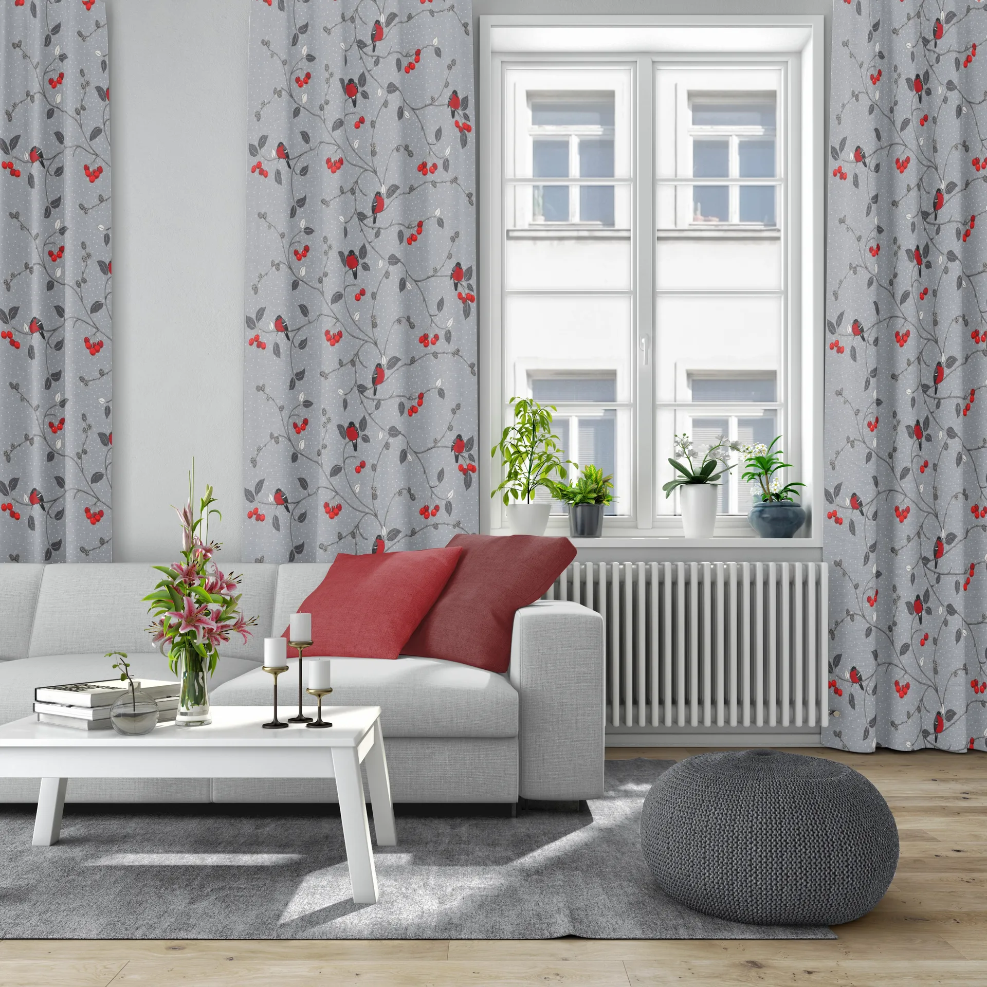 Paradisäpplen fabric, grey-red Arvidssons Textil