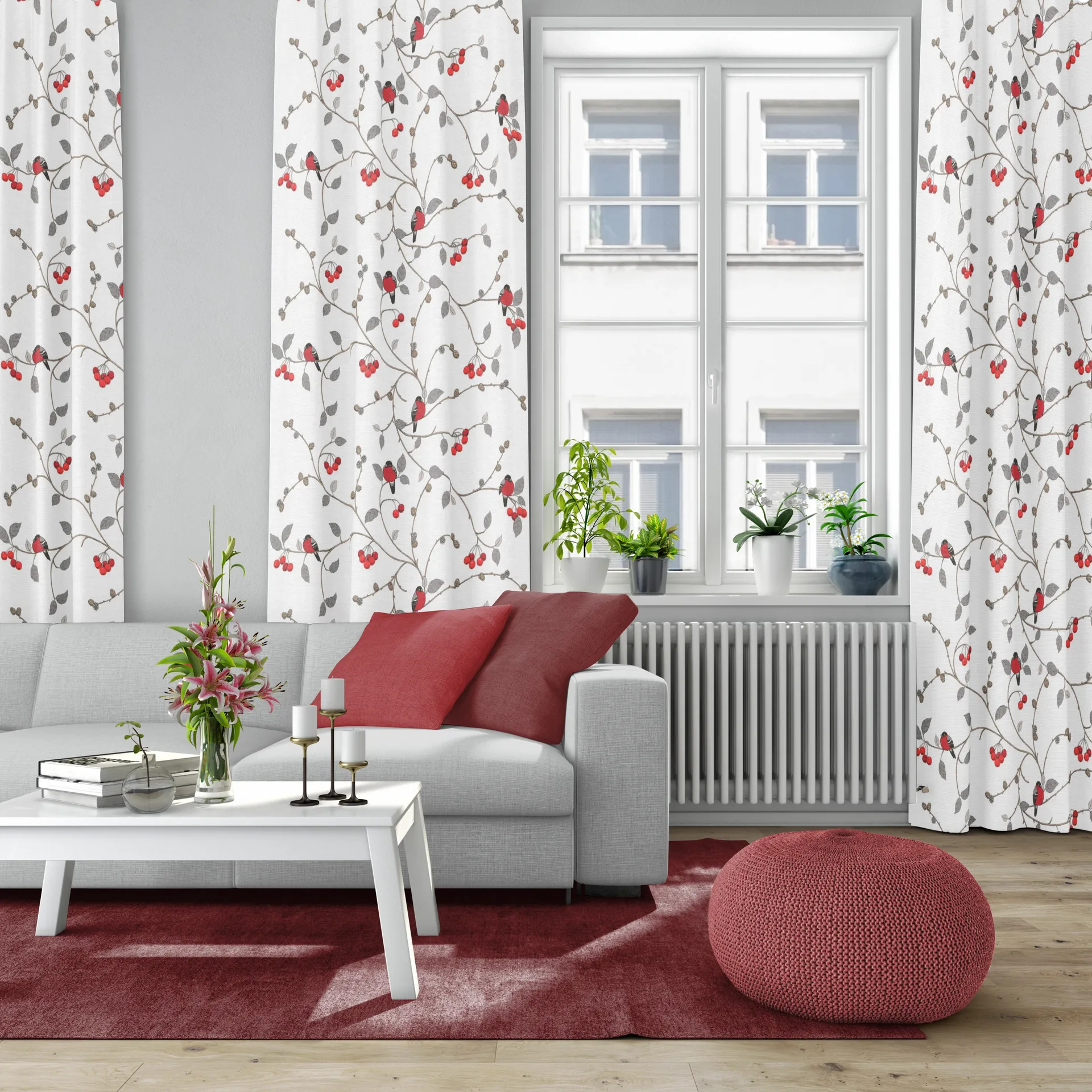 Paradisäpplen fabric, Off white-grey-red Arvidssons Textil