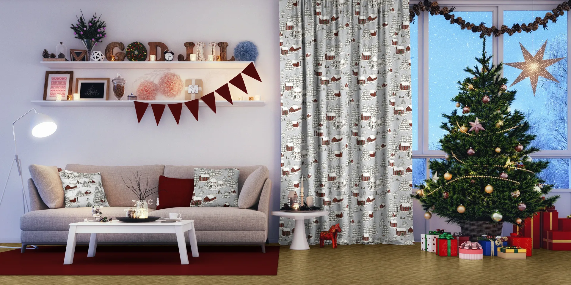 Timmerbyn fabric, grey-red Arvidssons Textil