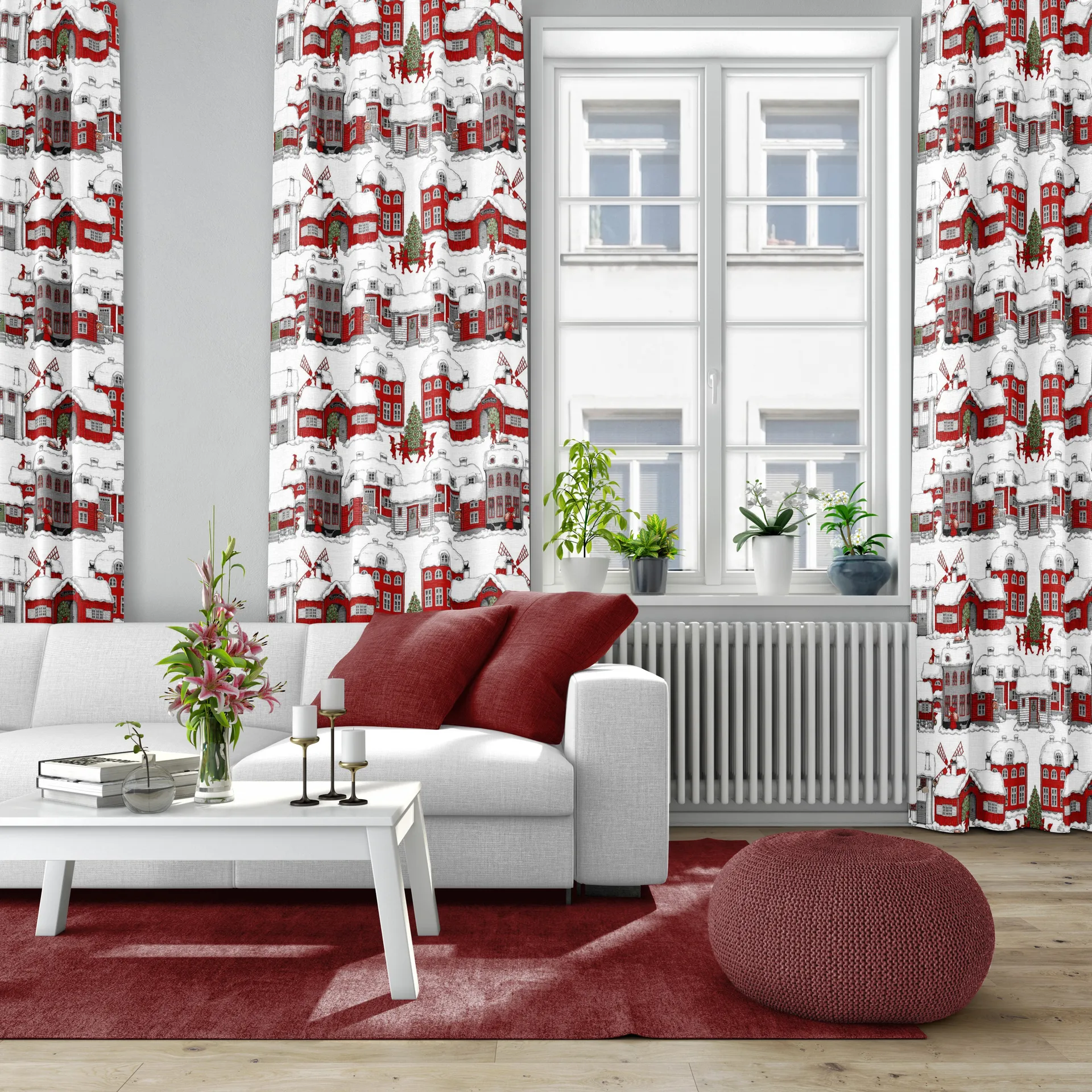 Tomteboda fabric, off white-red Arvidssons Textil