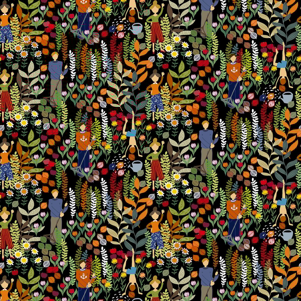 Arvidssons Textil Trädgård fabric black-multi | Scandinavian Design | Fabric by the metre | Multi