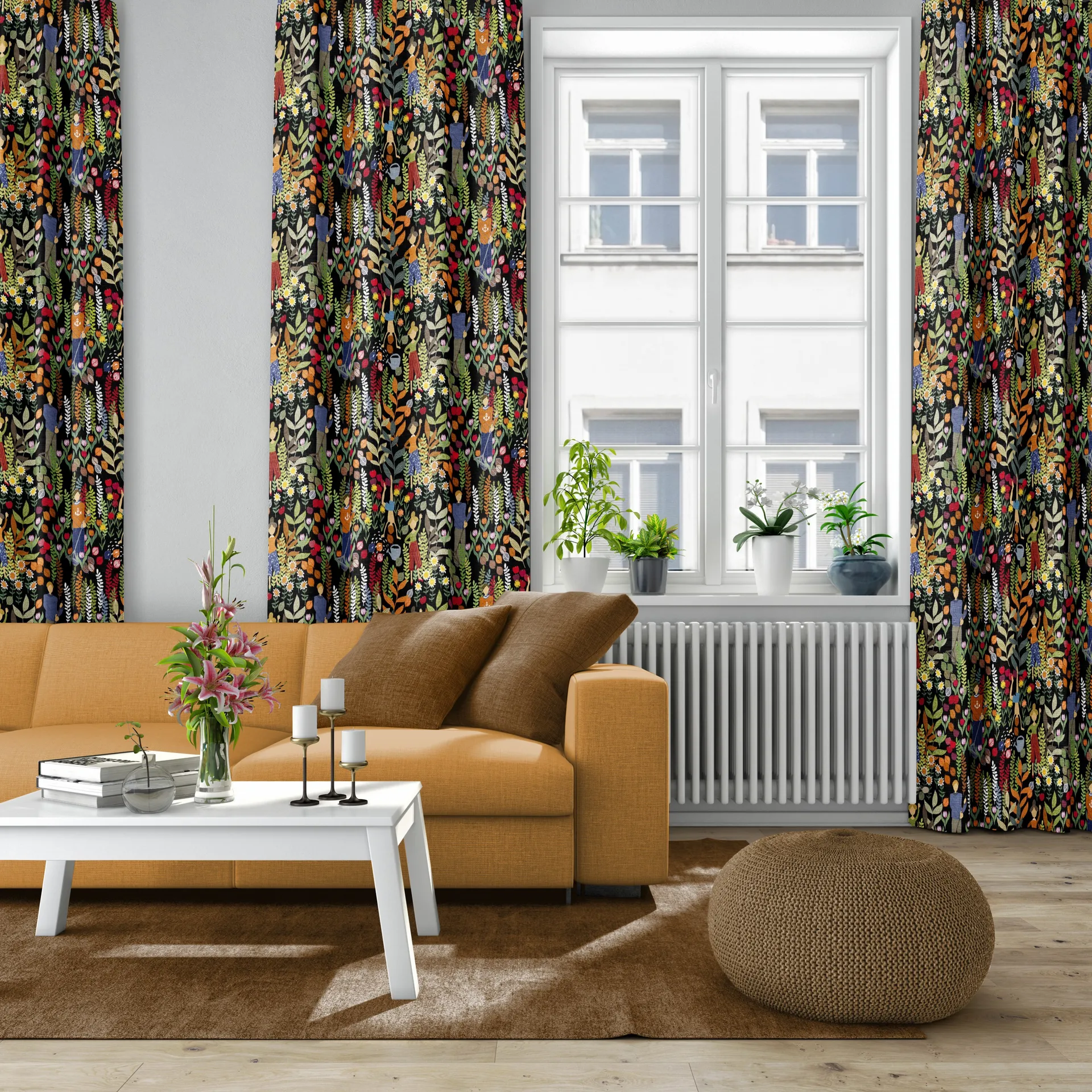 Trädgård fabric, black-multi Arvidssons Textil