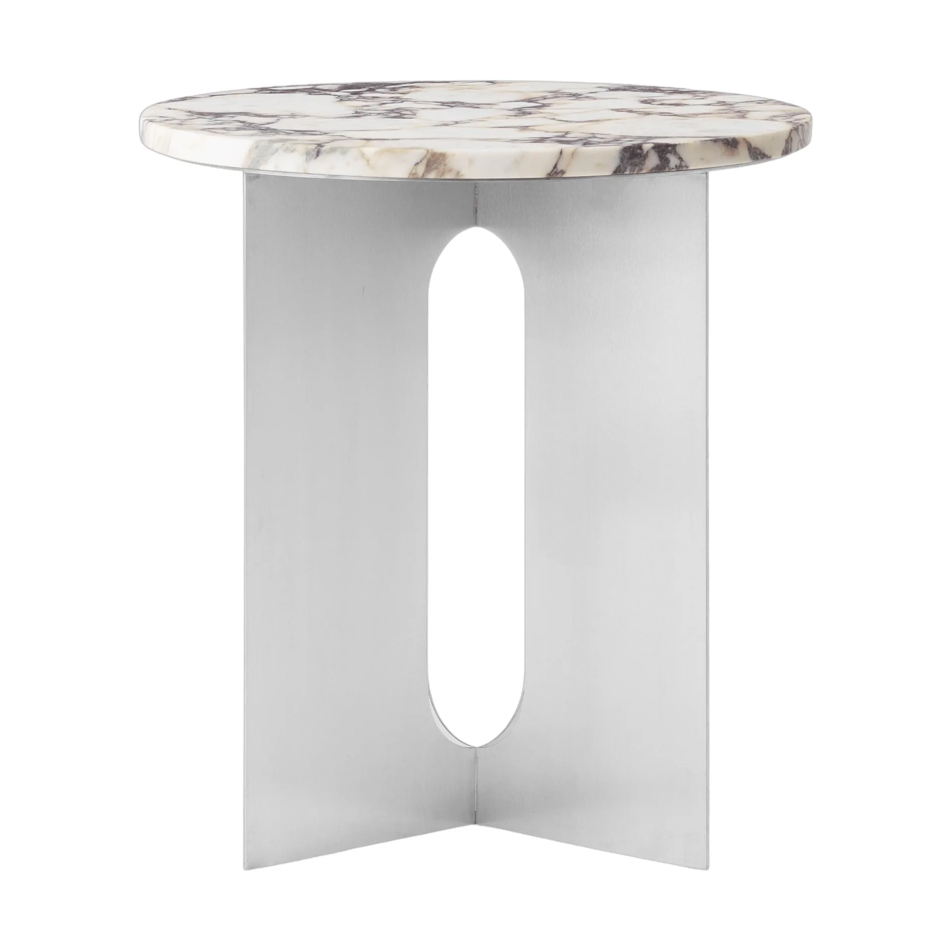 Androgyne side table, Calacatta Viola marble-brushed steel, Ø42 cm Audo Copenhagen