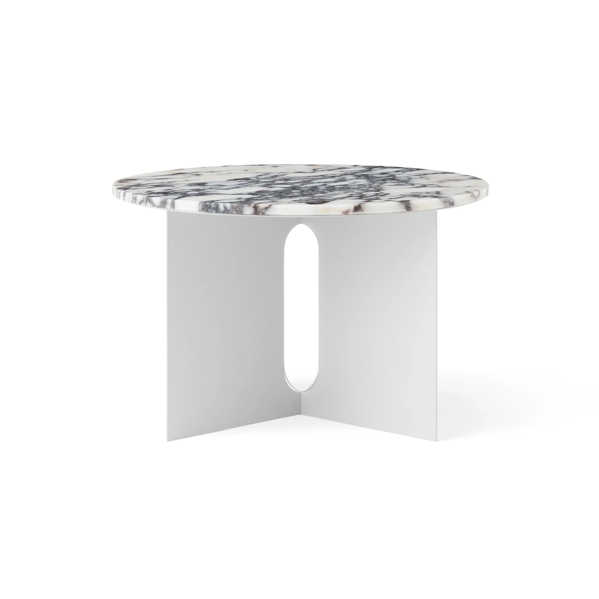 Androgyne side table, Calacatta Viola marble-brushed steel, Ø65 cm Audo Copenhagen
