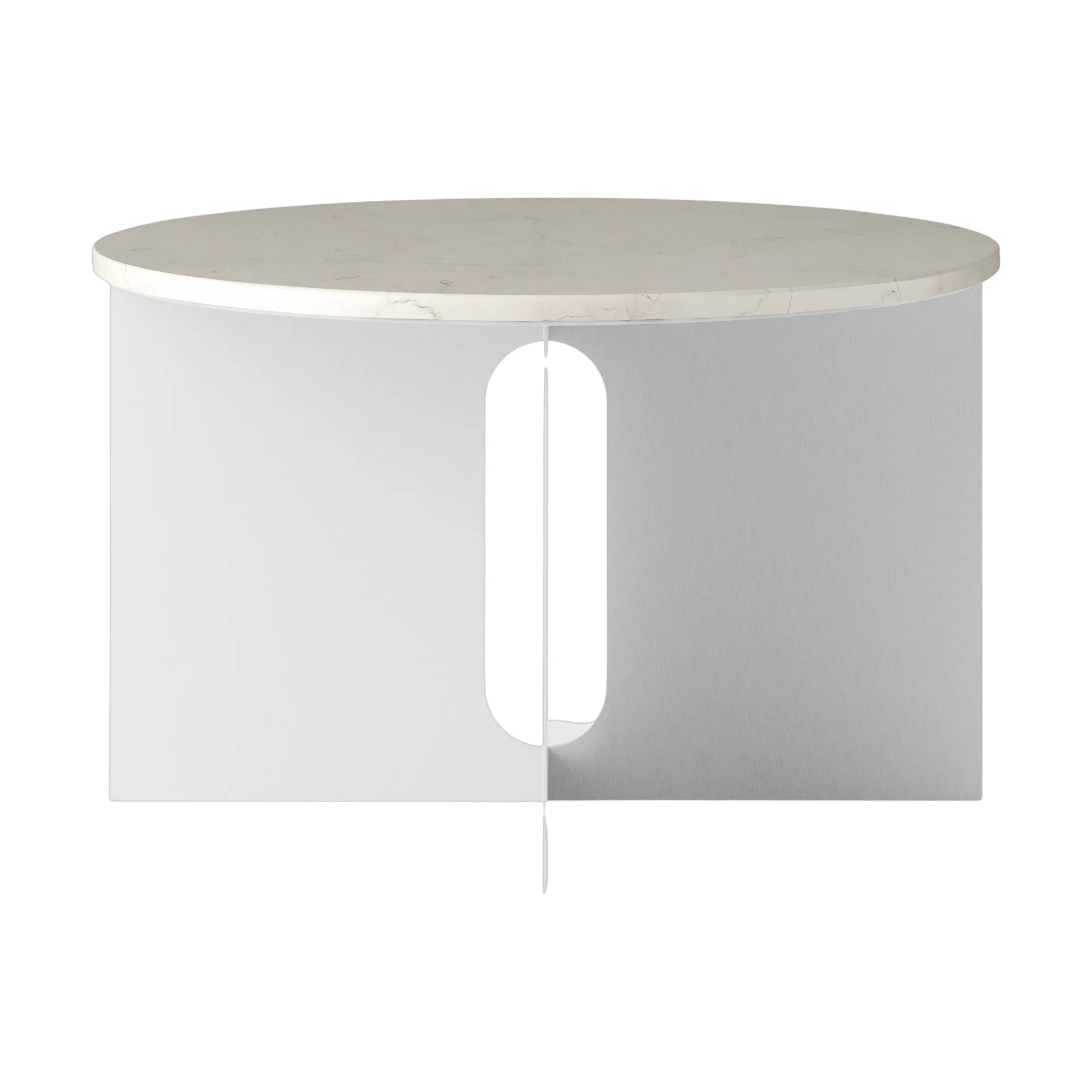 Androgyne side table, Crystal Rose marble-brushed steel, Ø65 cm Audo Copenhagen