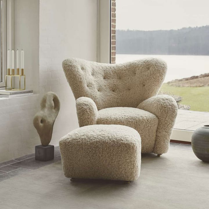 The Tired Man armchair set, Sheepskin moonlight, incl. footstool, legs oak smoked Audo Copenhagen