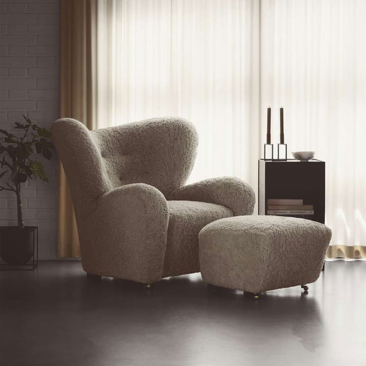 The Tired Man armchair set, Sheepskin moonlight, incl. footstool, legs oak smoked Audo Copenhagen