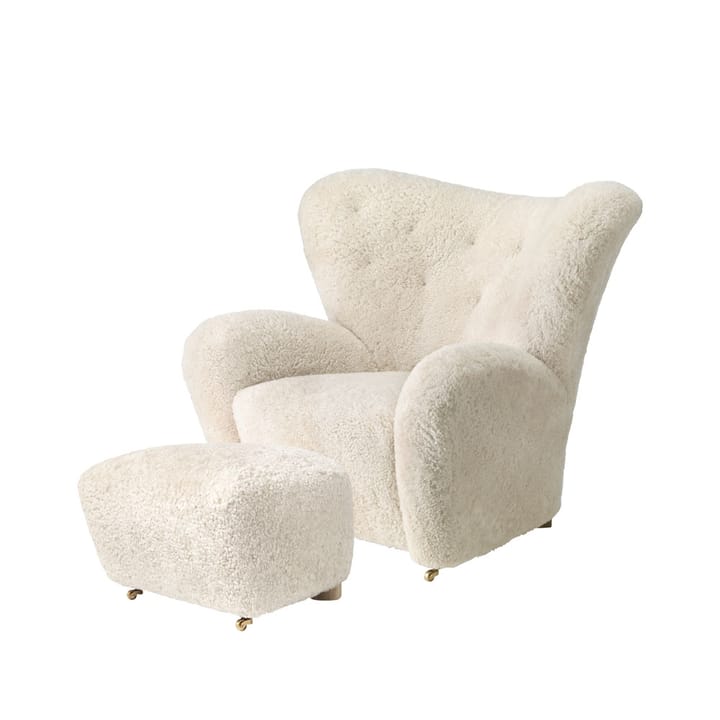 The Tired Man armchair set, Sheepskin moonlight, incl. footstool, legs oak smoked Audo Copenhagen