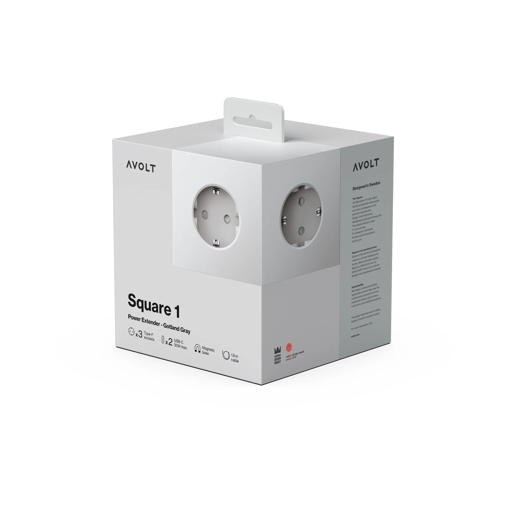 Square 1 power strip USB-C 30W 3 m, Gotland Gray Avolt