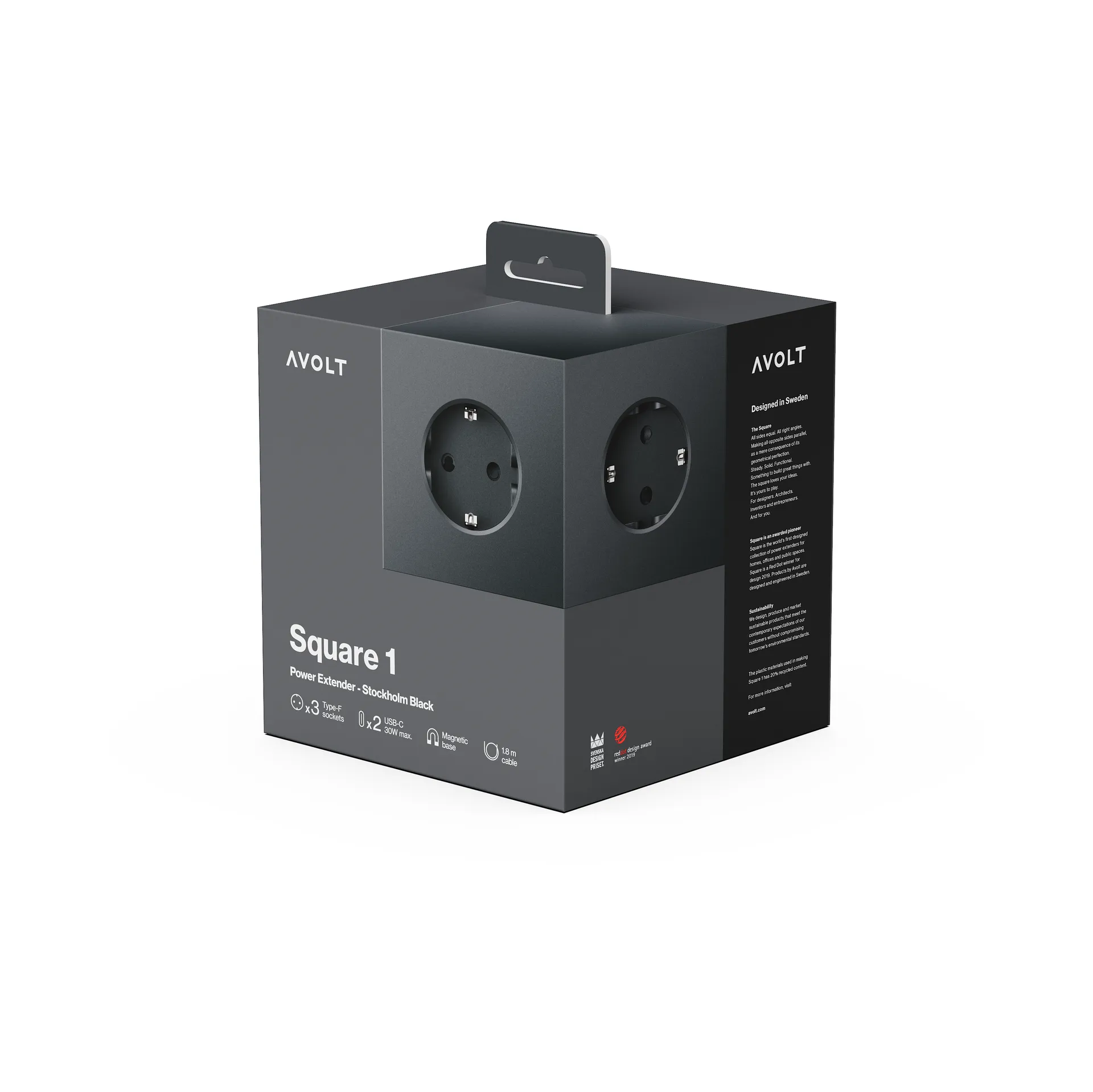 Square 1 power strip USB-C 30W 3 m, Stockholm Black Avolt