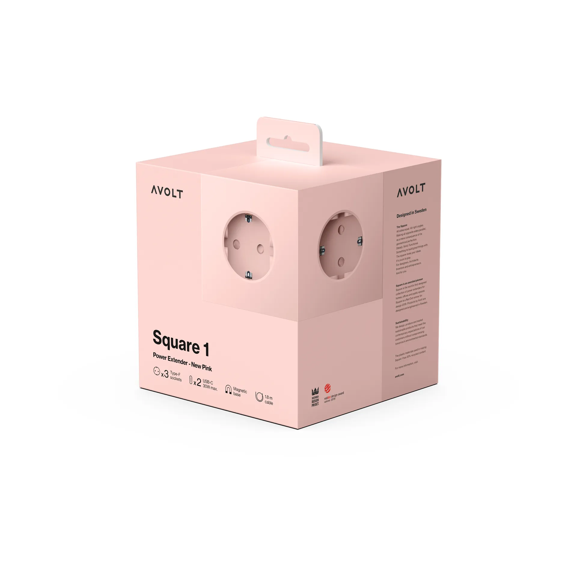 Square 1 socket USB-C 30W 1.8 m, New Pink Avolt