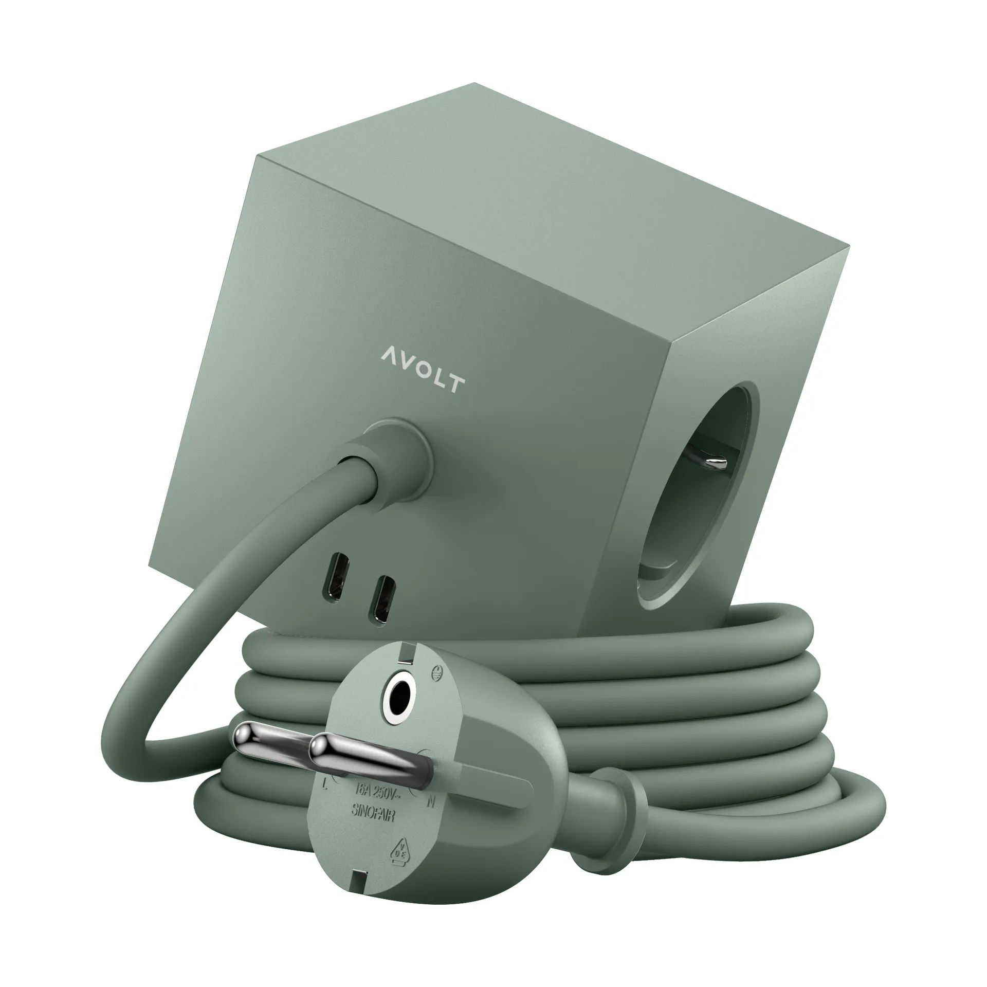 Square 1 socket USB-C 30W 1.8 m, Oak green Avolt