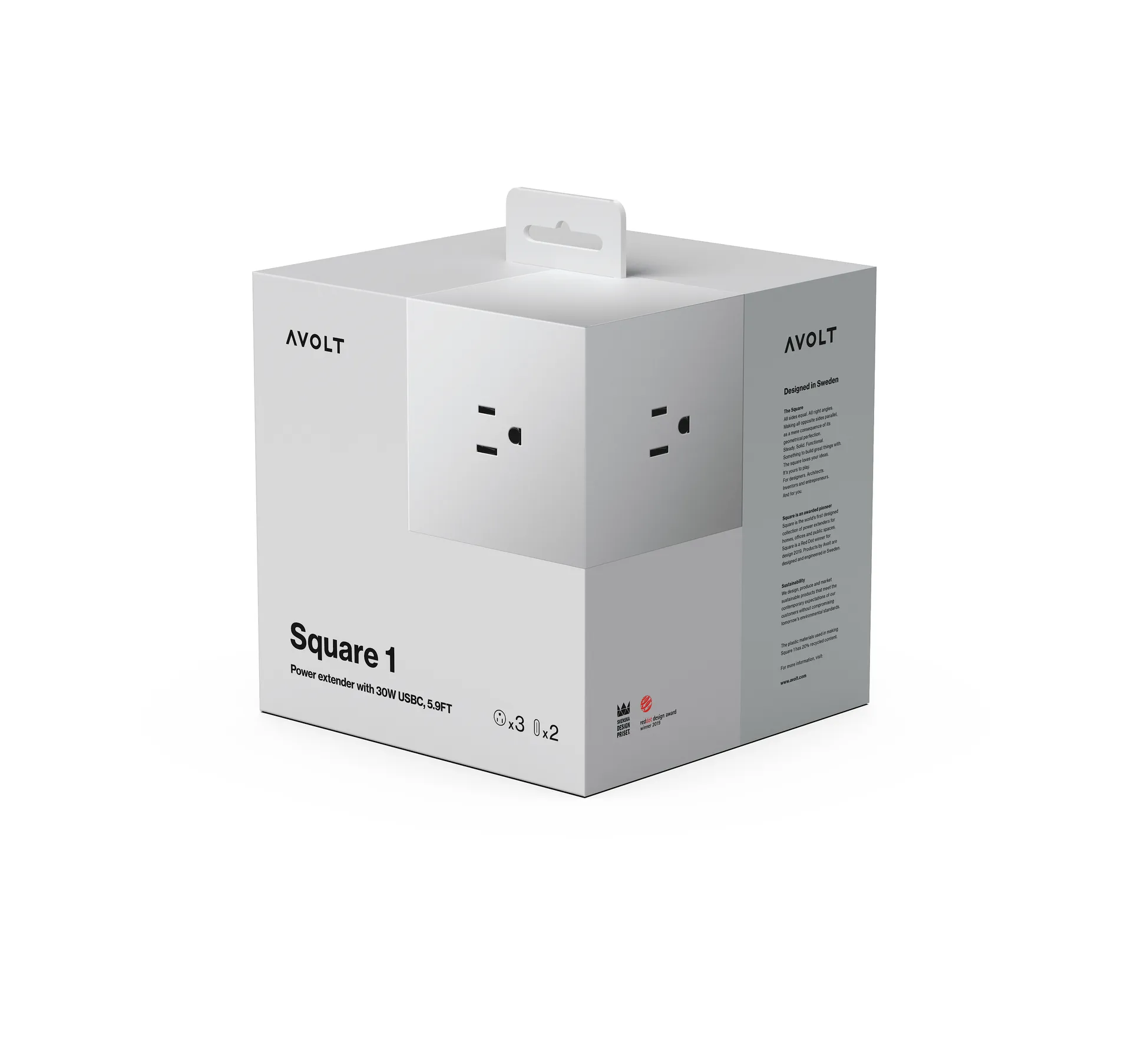 Square 1 UK power strip USB-C 30W 1.8 m, Gotland Gray Avolt