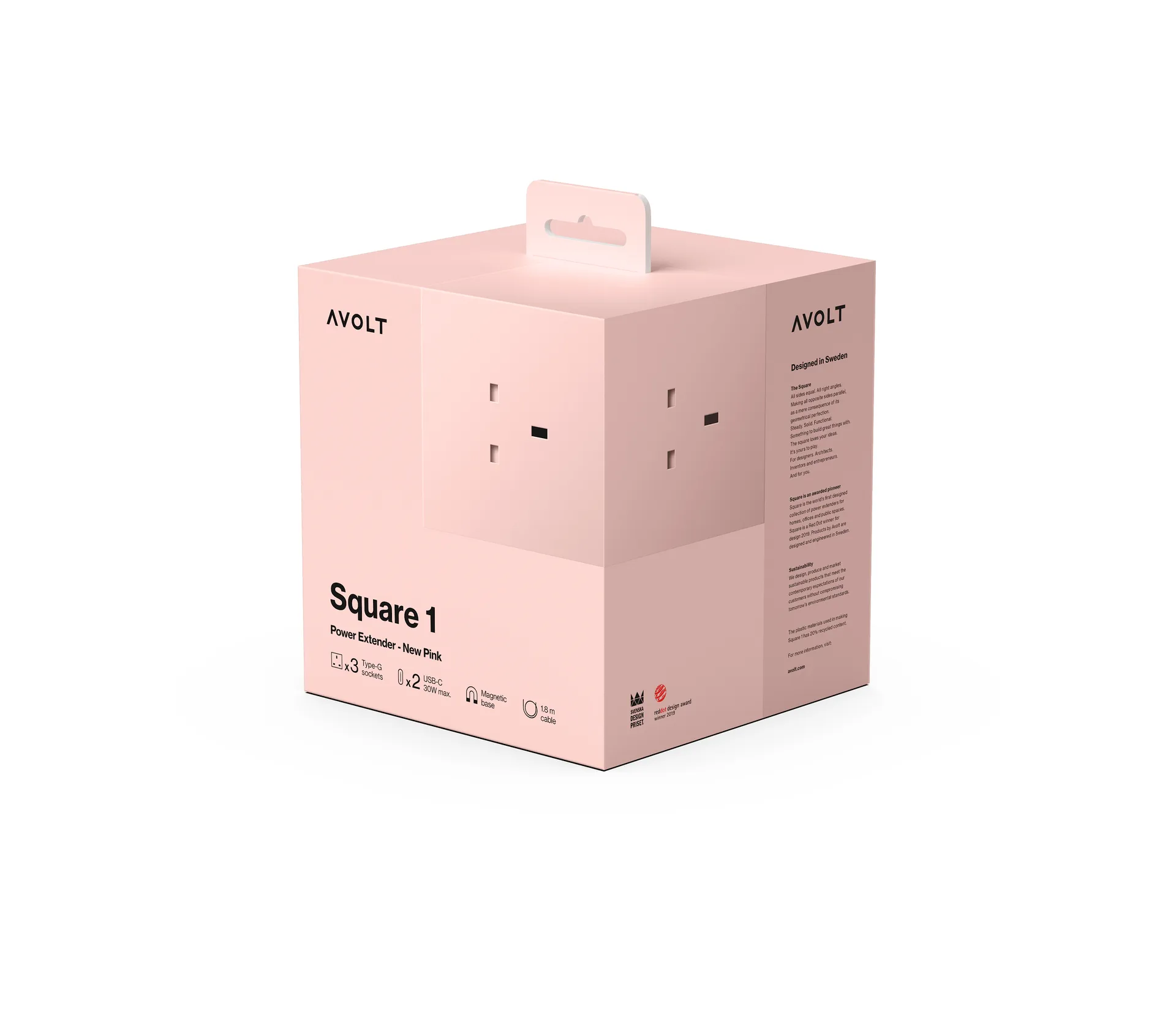 Square 1 UK power strip USB-C 30W 1.8 m, New Pink Avolt