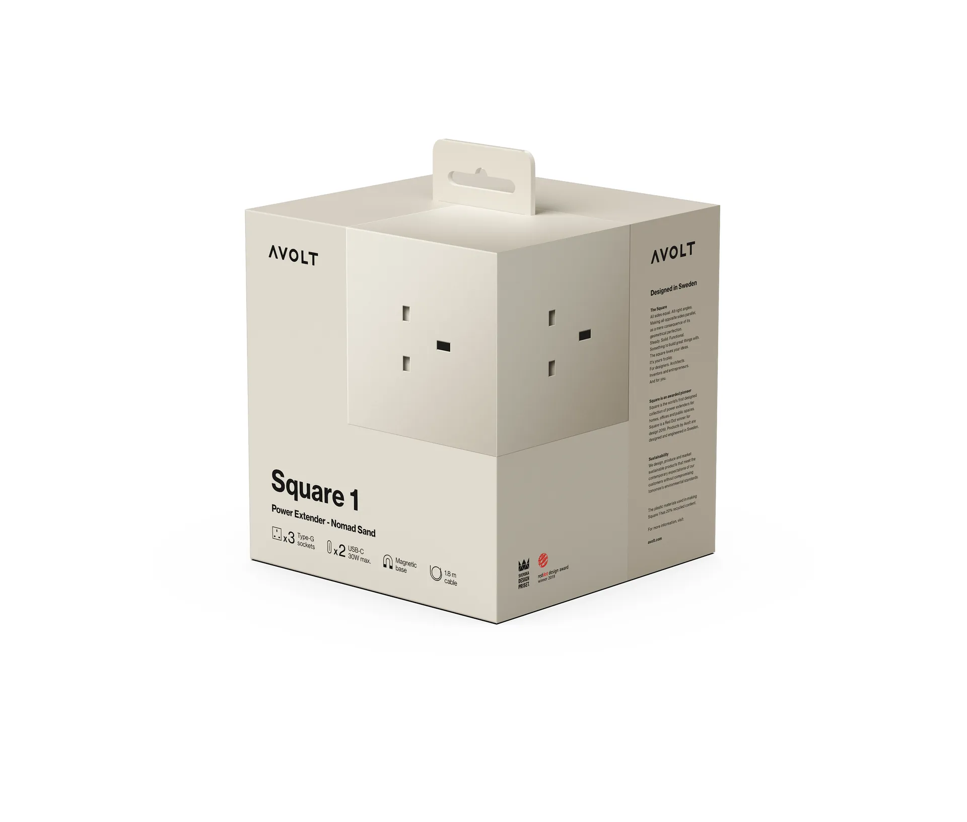 Square 1 UK power strip USB-C 30W 1.8 m, Nomad Sand Avolt