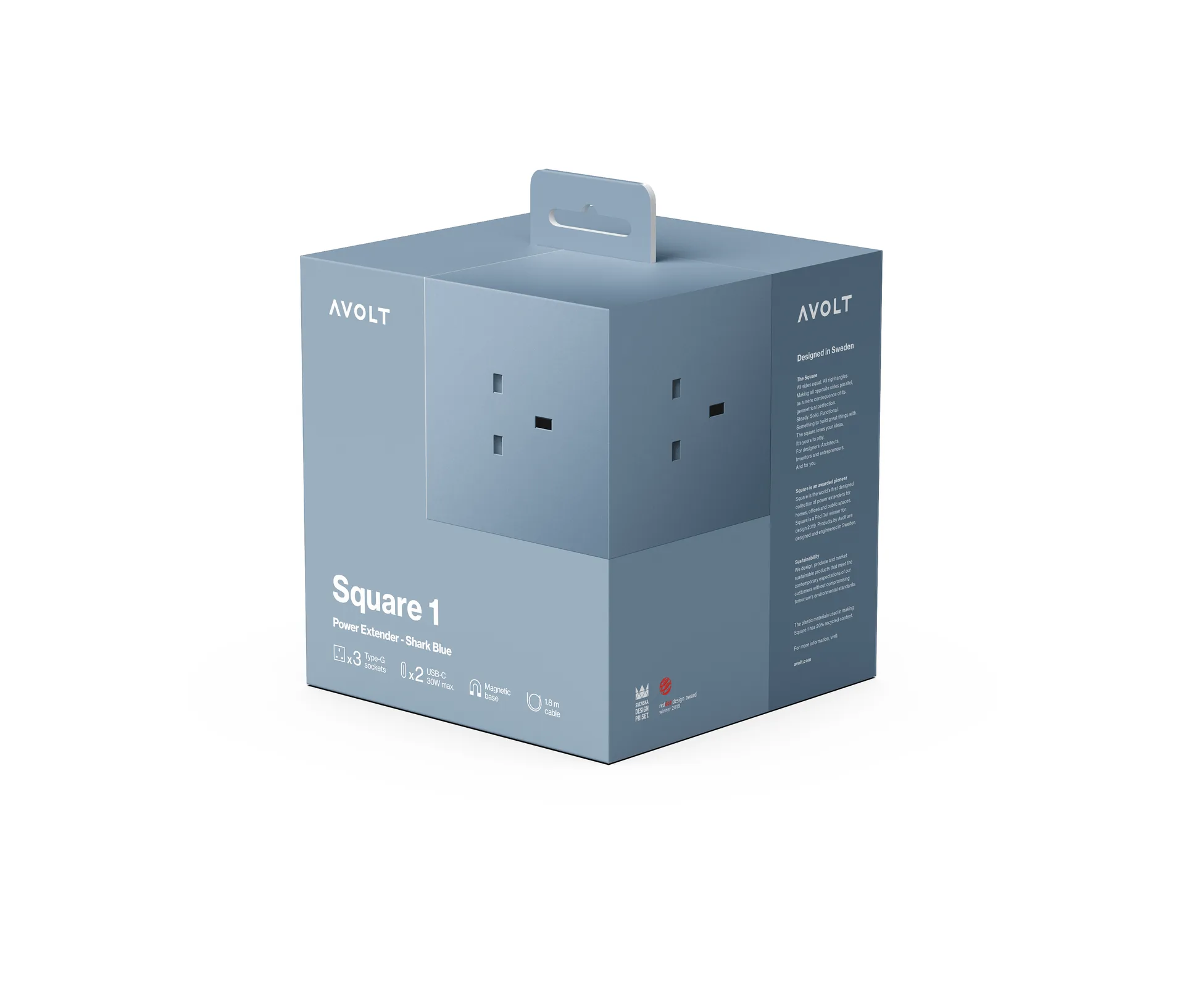Square 1 UK power strip USB-C 30W 1.8 m, Shark Blue Avolt