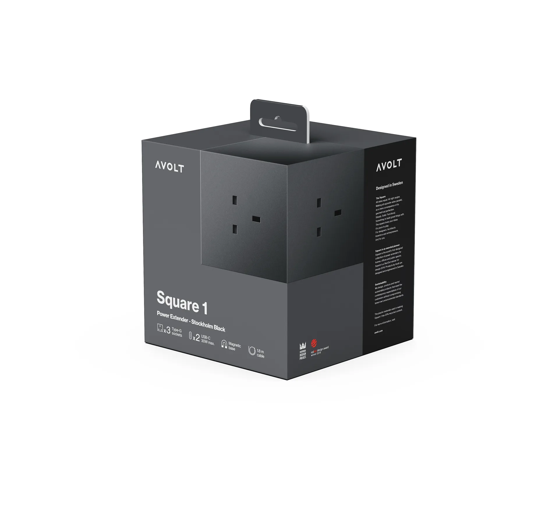 Square 1 UK power strip USB-C 30W 1.8 m, Stockholm Black Avolt