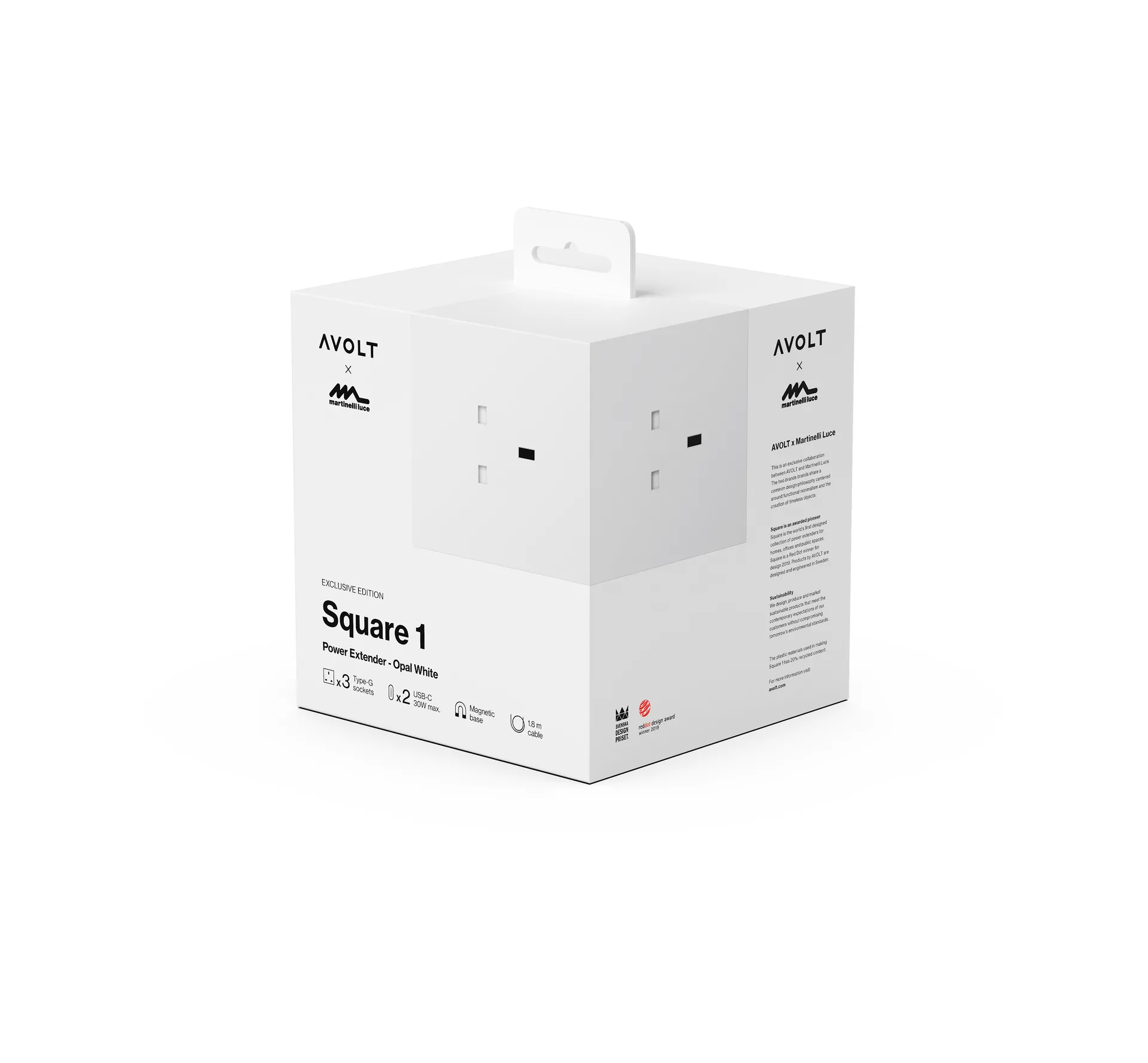 Square 1 UK power strip USB-C 30W 1.8 m, White Martinelli Luce edition Avolt