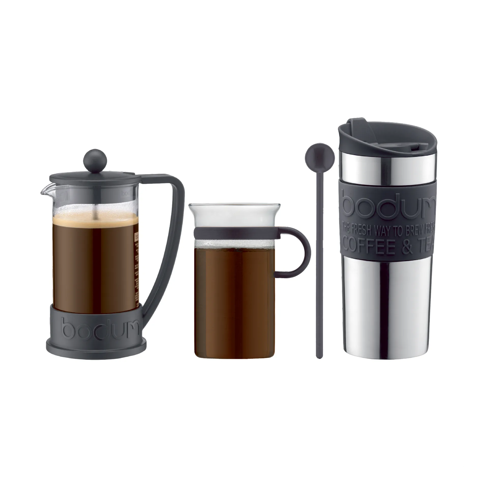 Coffee set with coffee press. cup. Travel mug and spoon, Black Bodum