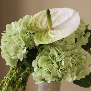 Artificial flower bouquet Dewdrop Symphony - Hydrangea light green anthurium amaranth, 6 pcs - Botané