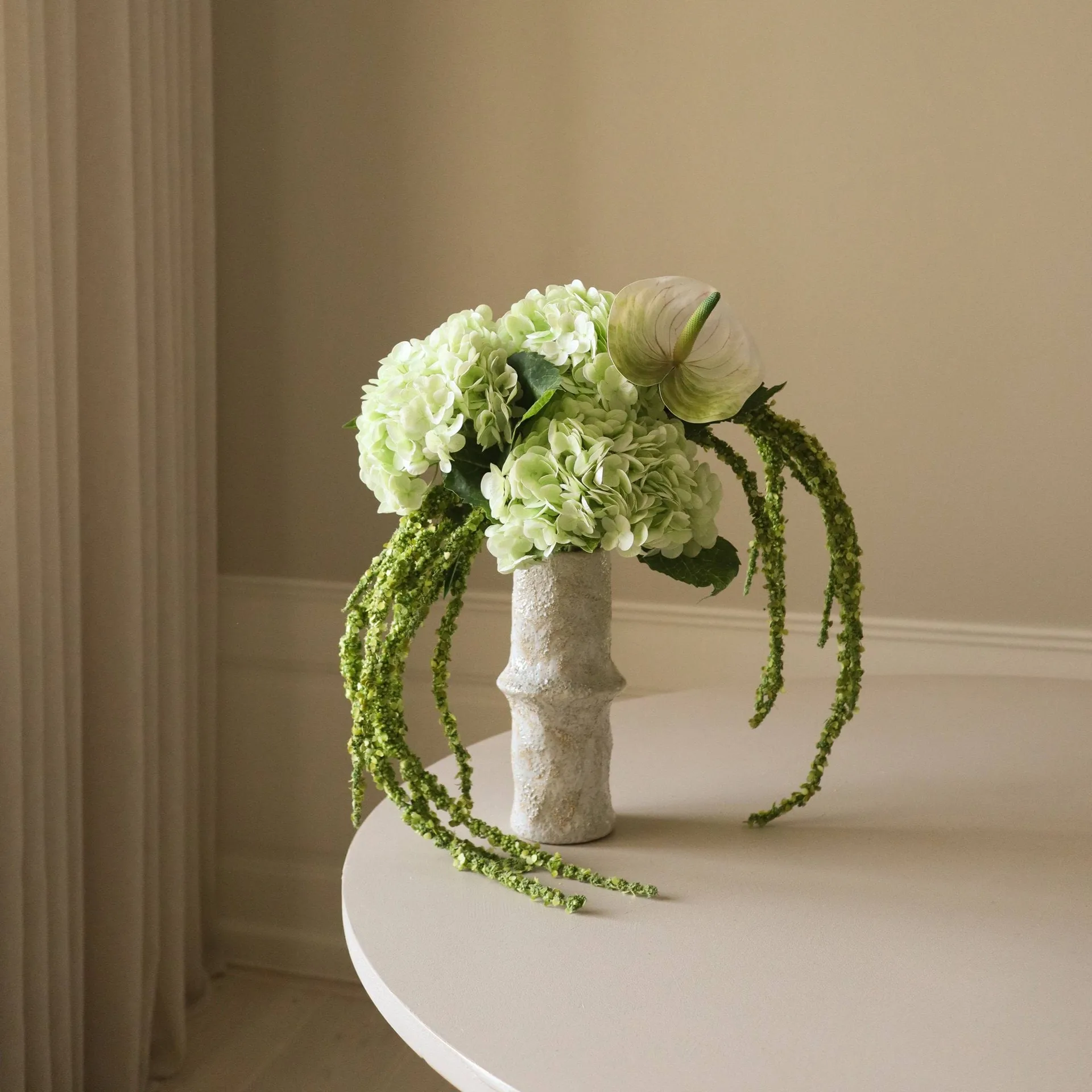 Artificial flower bouquet Dewdrop Symphony, Hydrangea light green anthurium amaranth, 6 pcs Botané