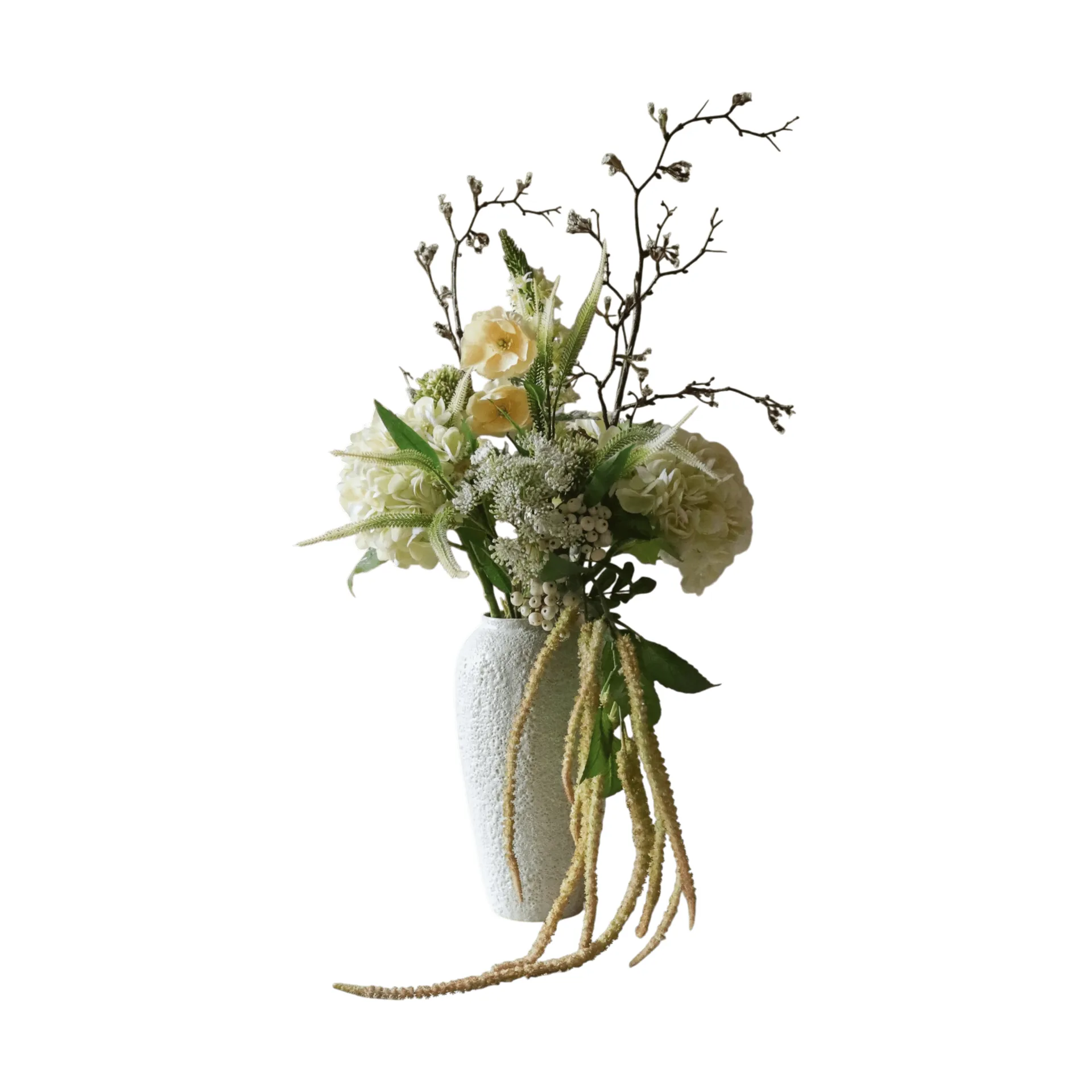 Ivory Cascade artificial bouquet, Snowberry branch-cherry branch-poppy-hydrangea 13 pcs Botané