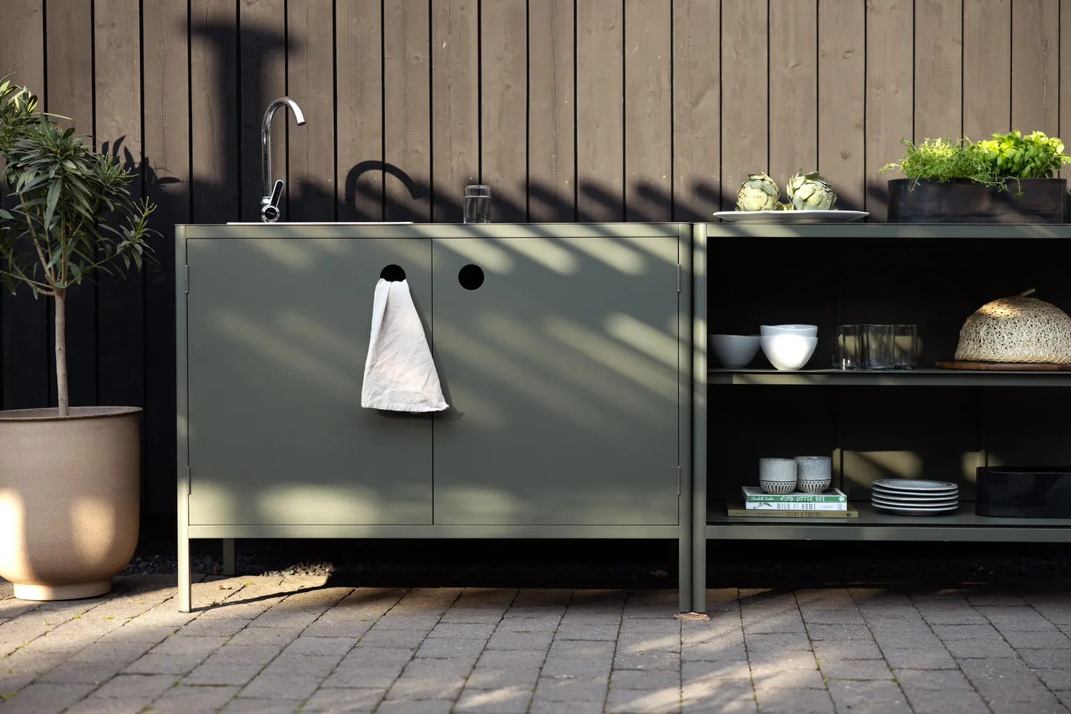 Kelia outdoor kitchen bench with shelves, Nordic green, 121x91x64 cm Brafab