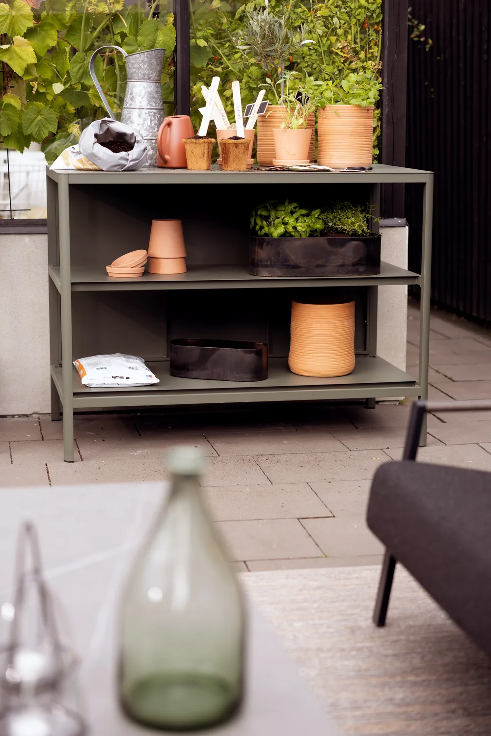 Kelia outdoor kitchen bench with shelves, Nordic green, 121x91x64 cm Brafab