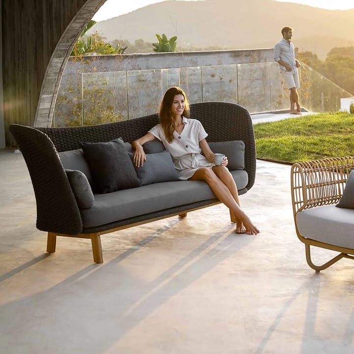 Peacock Rope 3-seater sofa, Cane-Line Natté dark grey, incl. grey cushions, legs in teak Cane-line