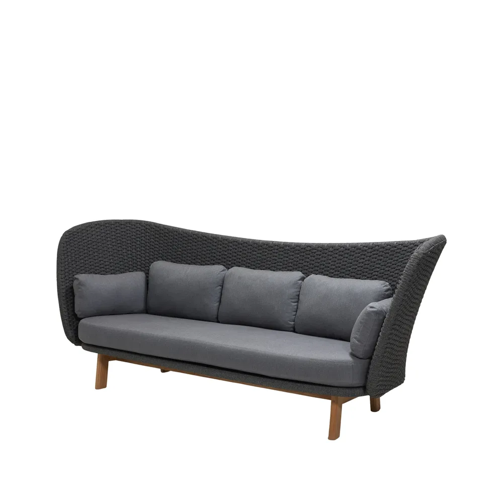 Peacock Wing 3-seater sofa, Cane-Line Natté dark grey, incl. grey cushions, legs in teak Cane-line