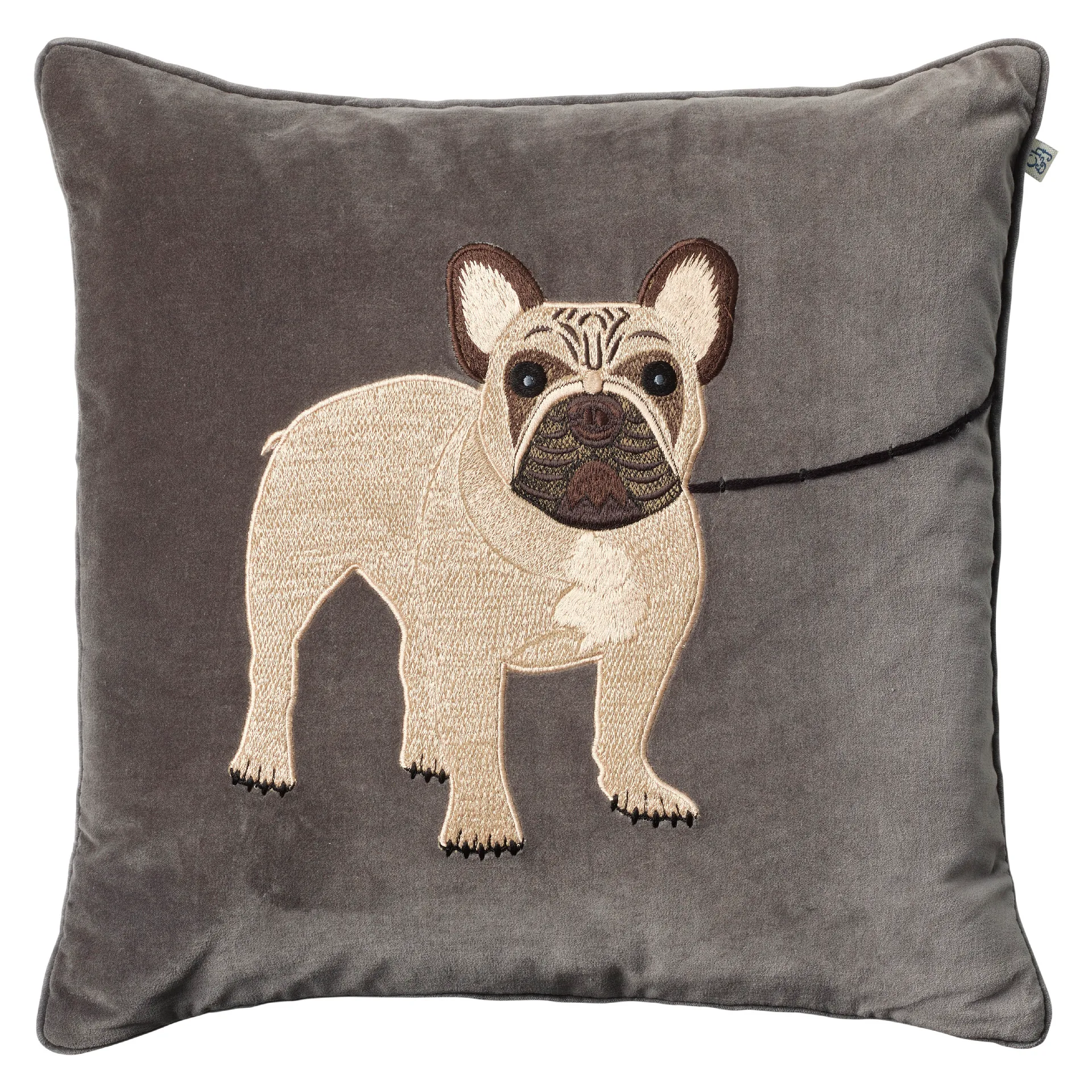 Embroidered French Bull Dog cushion cover 50x50 cm, Grey Chhatwal & Jonsson