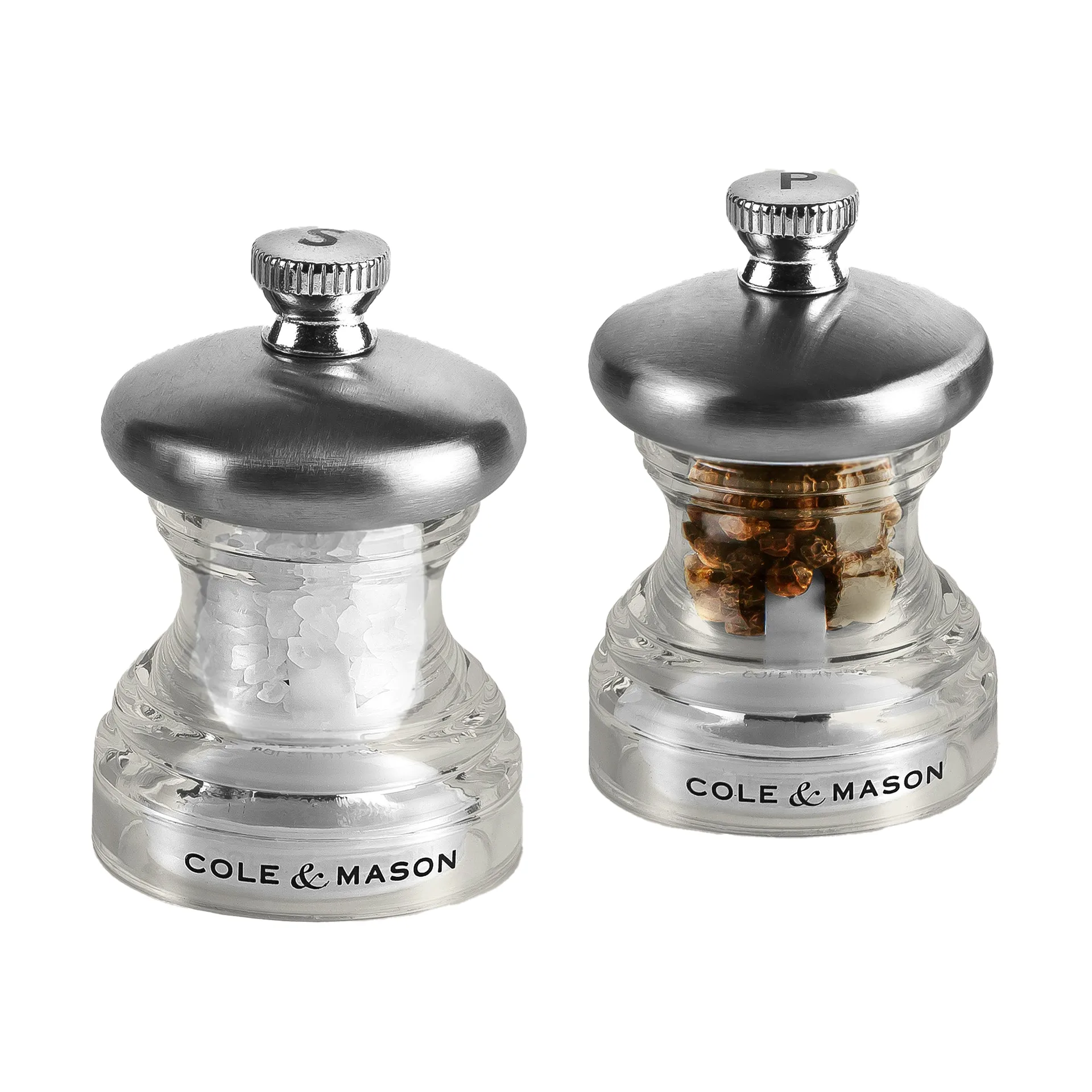 Button salt and pepper mill 6.5 cm, Transparent Cole & Mason