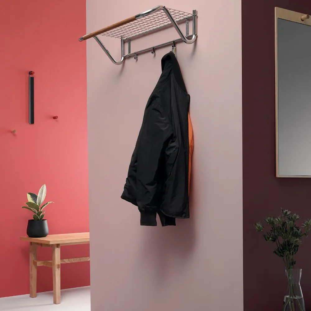 Funk hat shelf, Stainless steel, oiled oak bar Essem Design