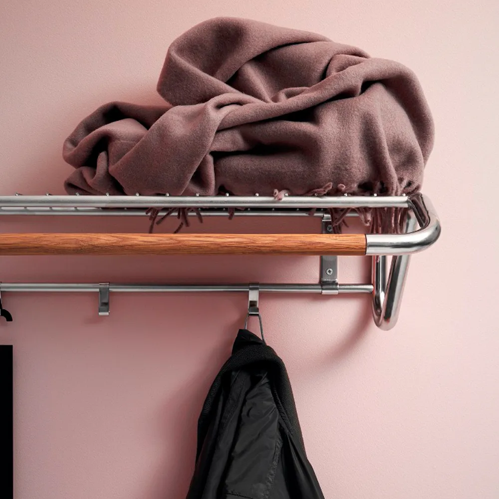 Funk hat shelf, Stainless steel, oiled oak bar Essem Design