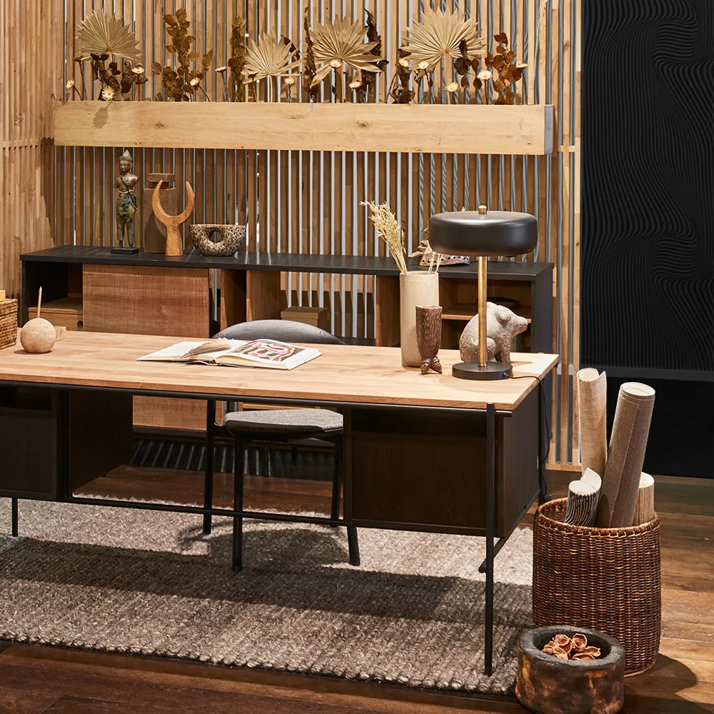 Oscar desk with drawers, Teak-black metal legs Ethnicraft